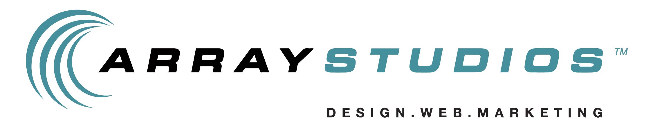 Array's logo in 2009. The logo features "Array Studios" with a teal and black wave symbol to the left. Below the name, the tagline reads "Design. Web. Marketing" in bold, capitalized black text.