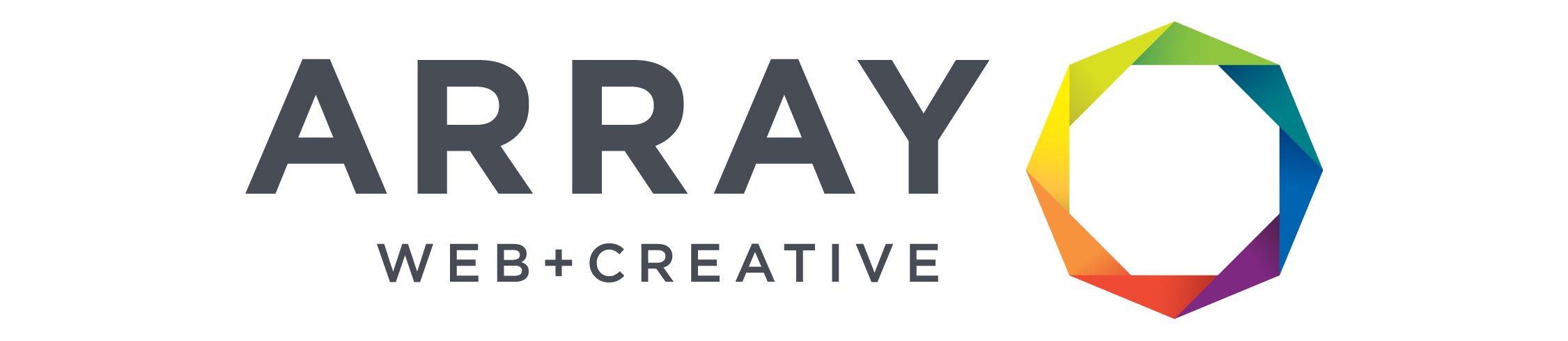 Array's new logo design in 2013. A colorful geometric circle next to the word "ARRAY" in grey, modern typography. Below the main logo, "WEB + CREATIVE" is written in a smaller font.