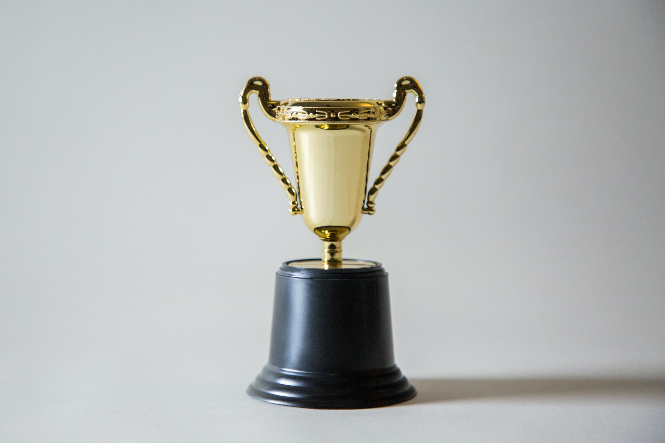 Gold trophy on a grey backdrop.