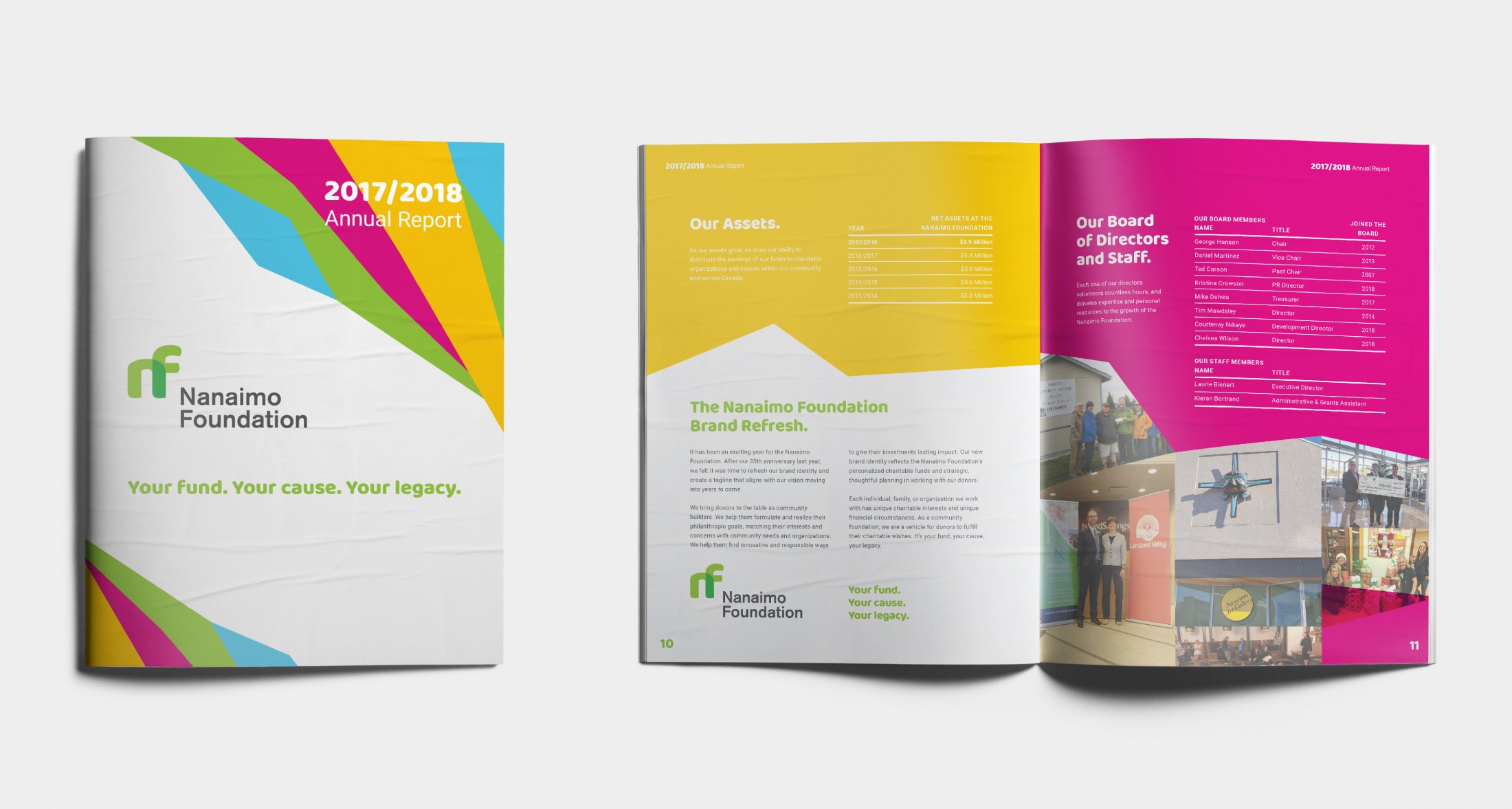 Annual Report Design for the Nanaimo Foundation featuring bright colours and Nanaimo Foundation branding.