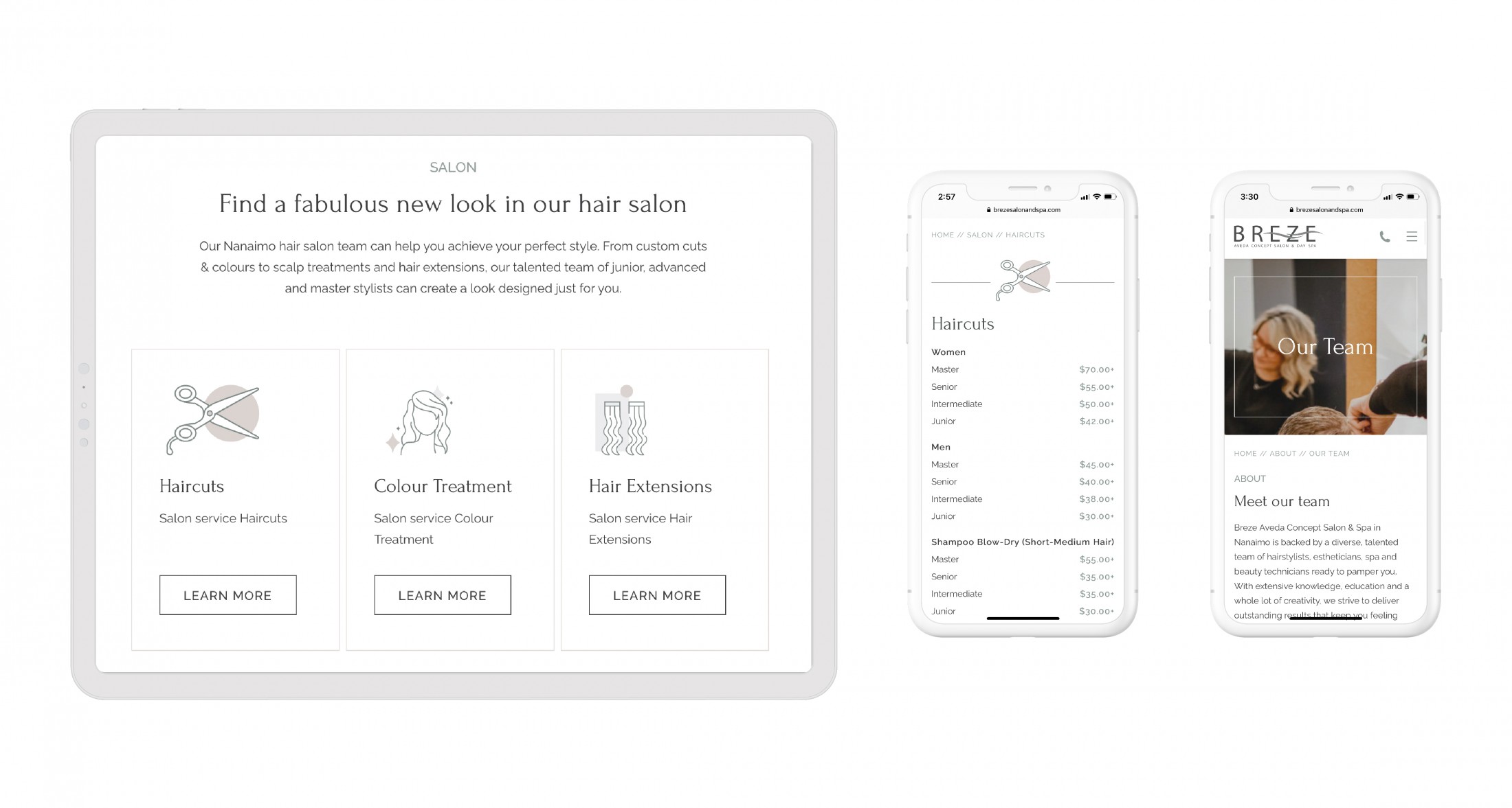 Breze Salon’s services page. The left image displays the tablet layout with three service categories: haircuts, colour treatment, and hair extensions. The right image shows the mobile version with a minimalist and streamlined look, including the salon’s team page and detailed service information.