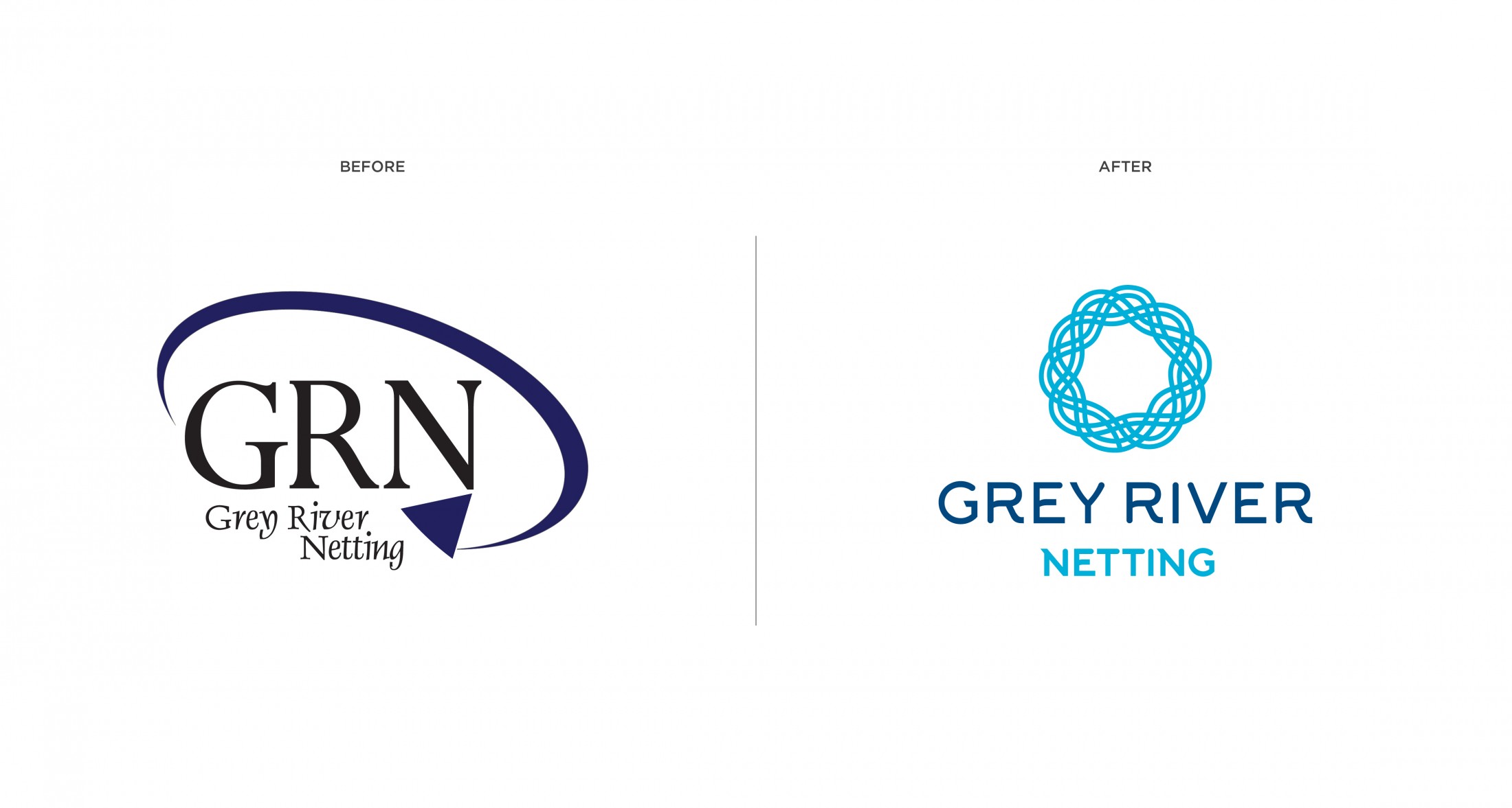 Before and after logo redesign for Grey River Netting. The original logo on the left features 'GRN' in bold black text with a blue swoosh. The redesigned logo on the right is a modern, minimalist design with a circular knot icon above the text 'Grey River Netting' in blue.