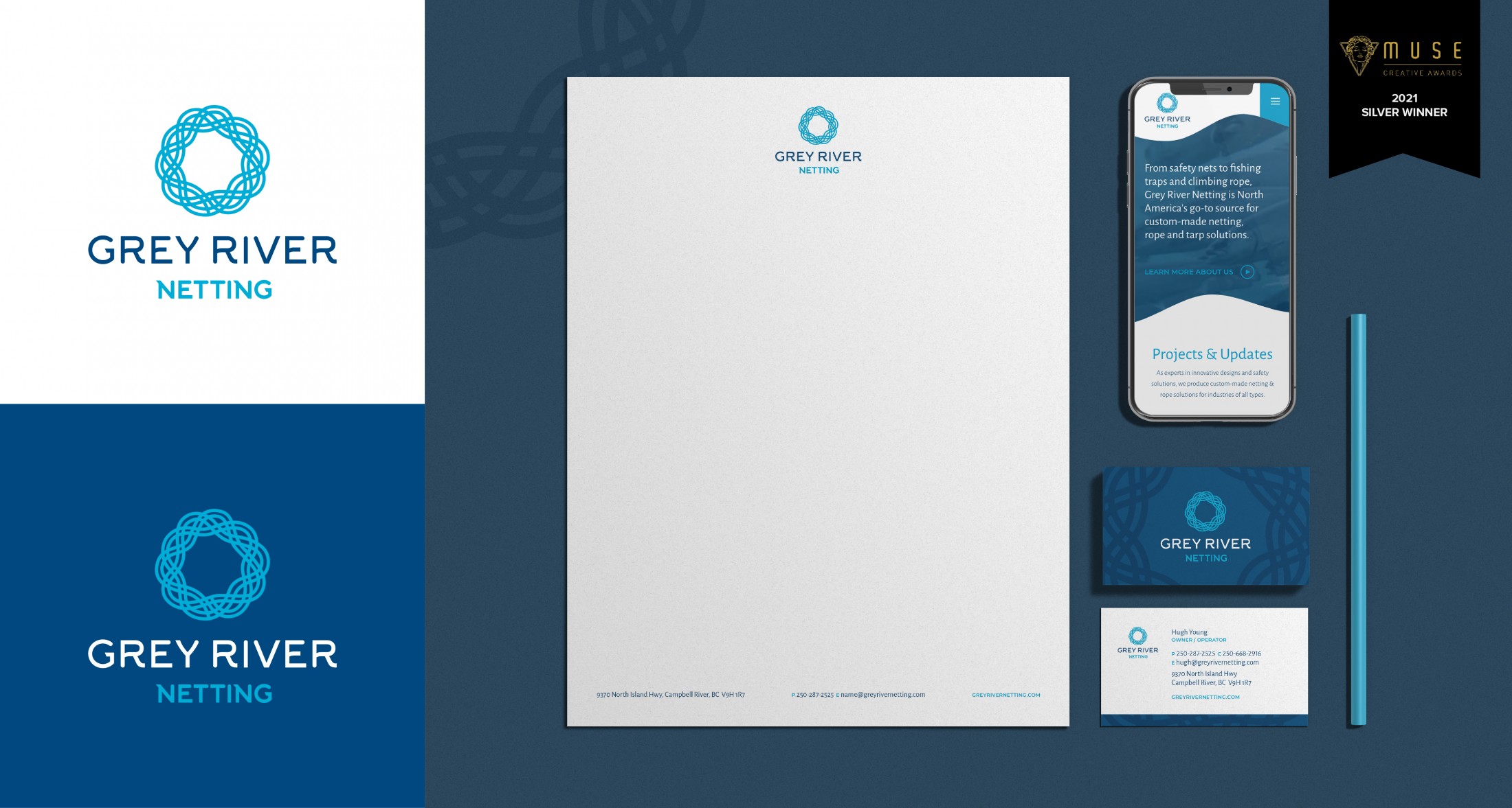 Collage of Grey River Netting brand assets and print collateral. On the left are two variations of the logo with the first having a white background and the other dark blue. On the right is a flat lay of branded stationary, business cards, and a mobile device with the website displayed on the screen.
