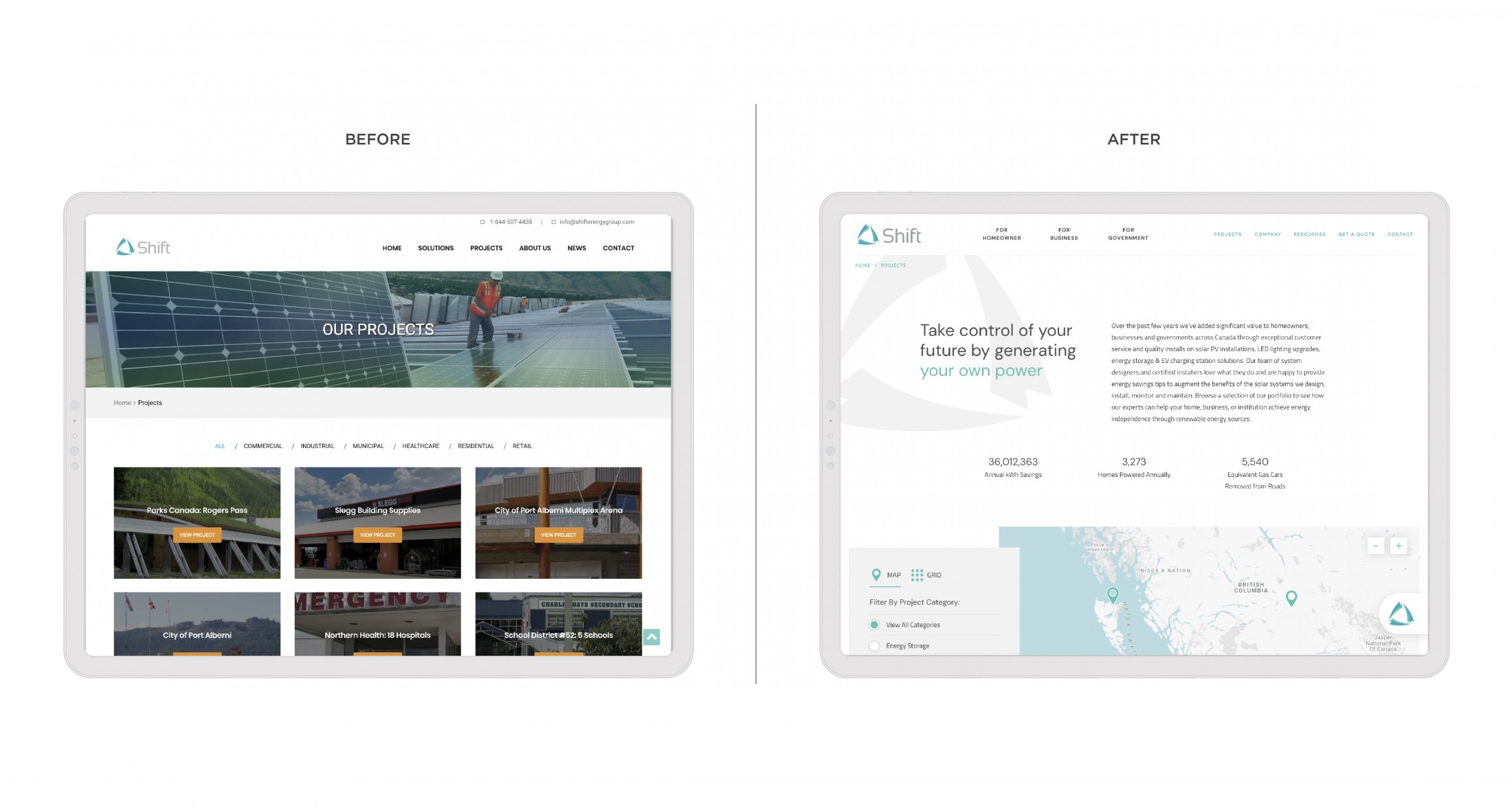 Before and after redesign of the Shift Energy website's projects page. The left image shows the old design with a grid of project categories, including thumbnails and project names. The right image shows a cleaner layout with a focus on a central message and visual elements like maps and icons.