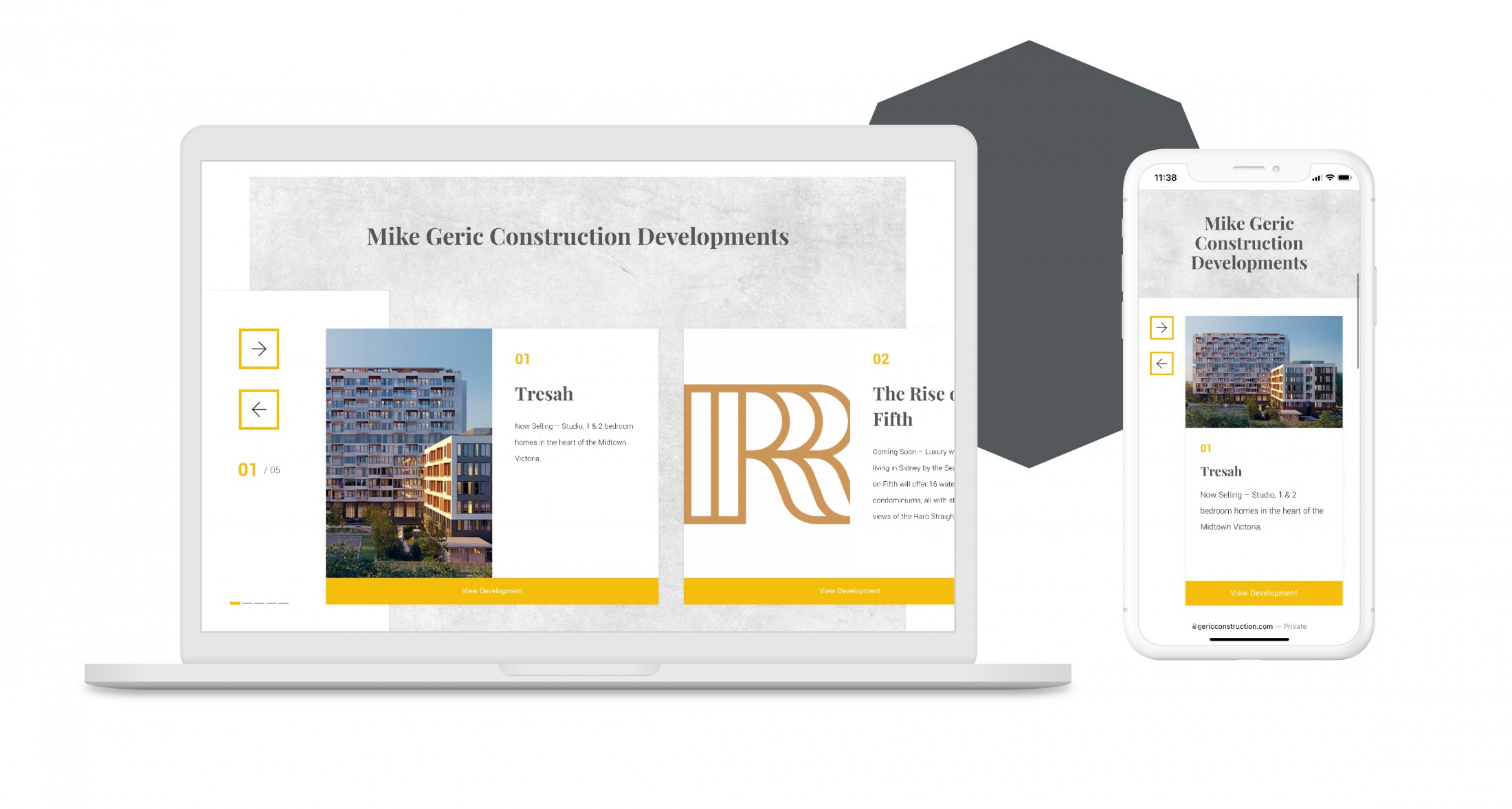A clean and minimal website showcasing Mike Geric Construction developments, including projects like Tresah. The layout uses bold yellow accents and easy-to-navigate sections for viewing available properties on both desktop and mobile screens.