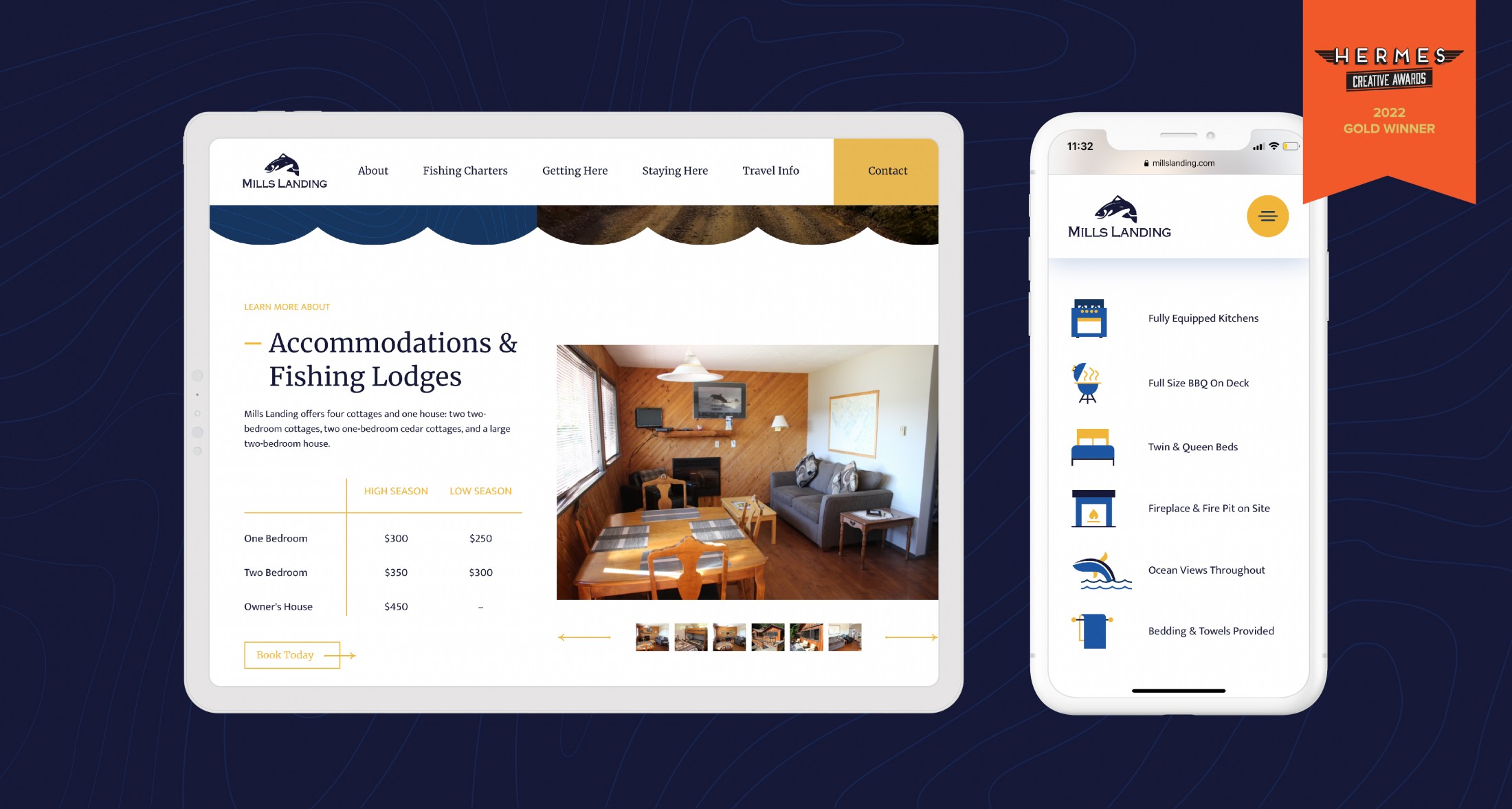 A website for Mills Landing, presenting information about accommodations and fishing lodges with a clean and inviting layout designed for easy navigation across devices.