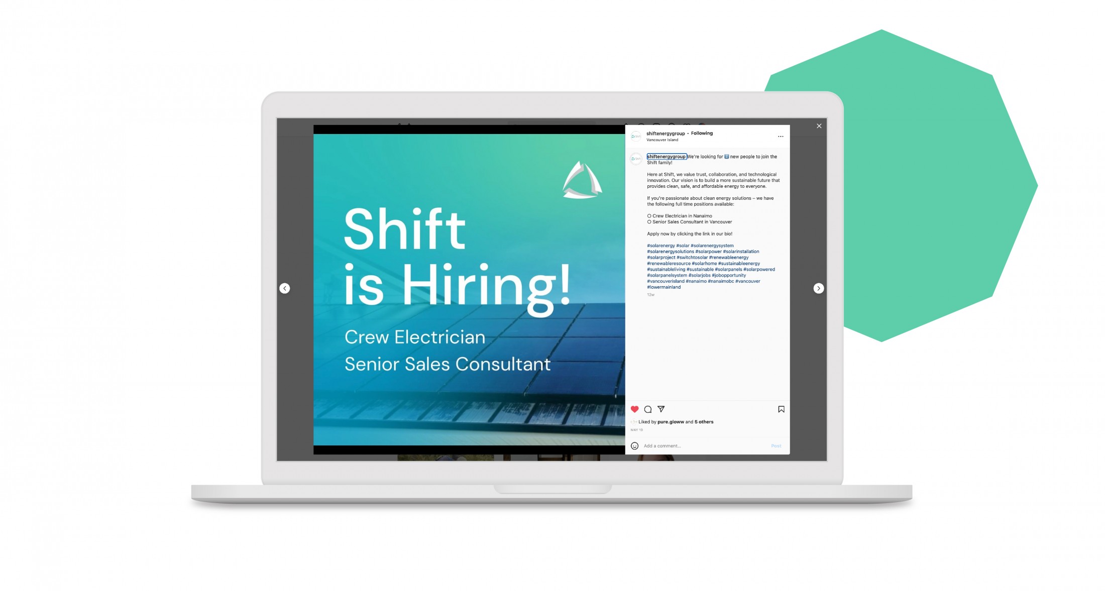 A laptop screen displaying a hiring ad for Shift Energy, reading 'Shift is Hiring!' with positions for Crew Electrician and Senior Sales Consultant. The ad includes a call to action to apply, with social media engagement visible on the side.