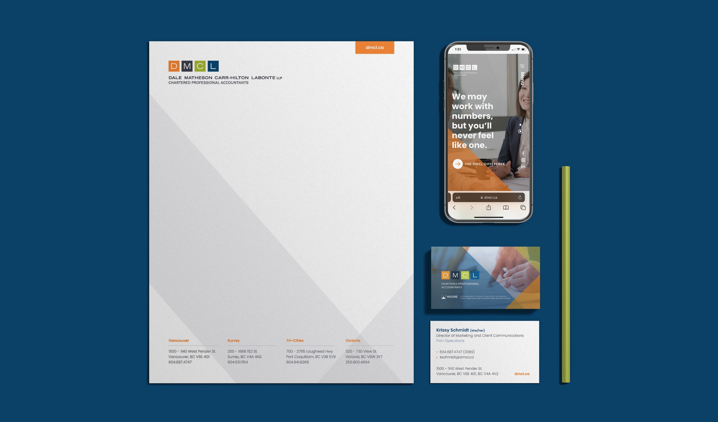 Branded collateral including DMCL letterhead and stationery design, business cards, pen, and website on mobile phone.