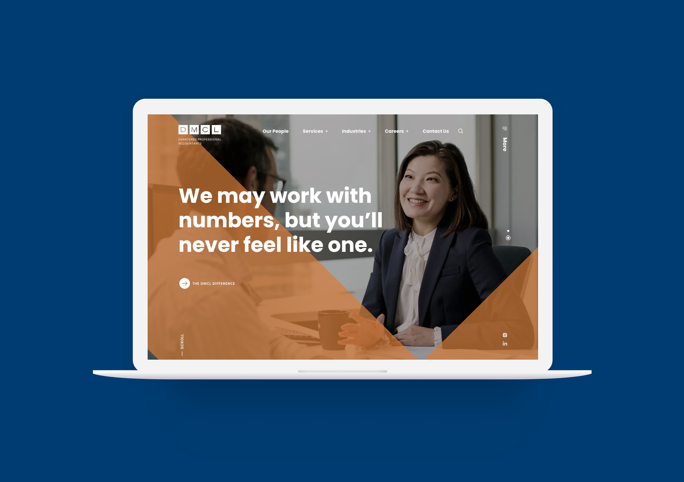 A laptop screen displaying the homepage of the DMCL Chartered Professional Accountants website.