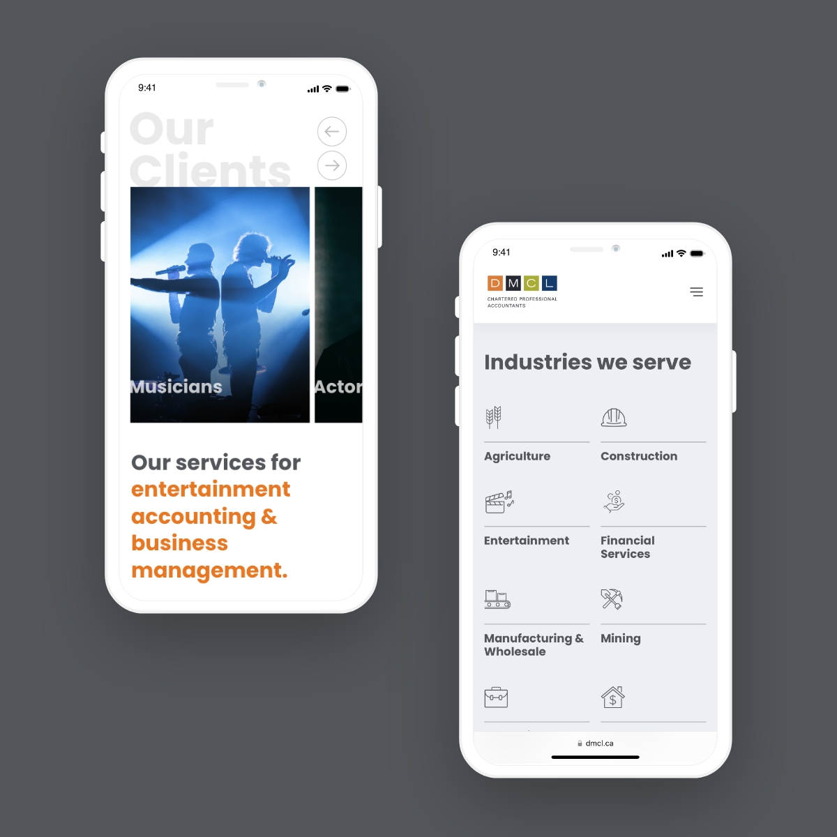 A mockup displaying the responsive mobile design for DMCL Chartered Professional Accountants’ website on two smartphones.