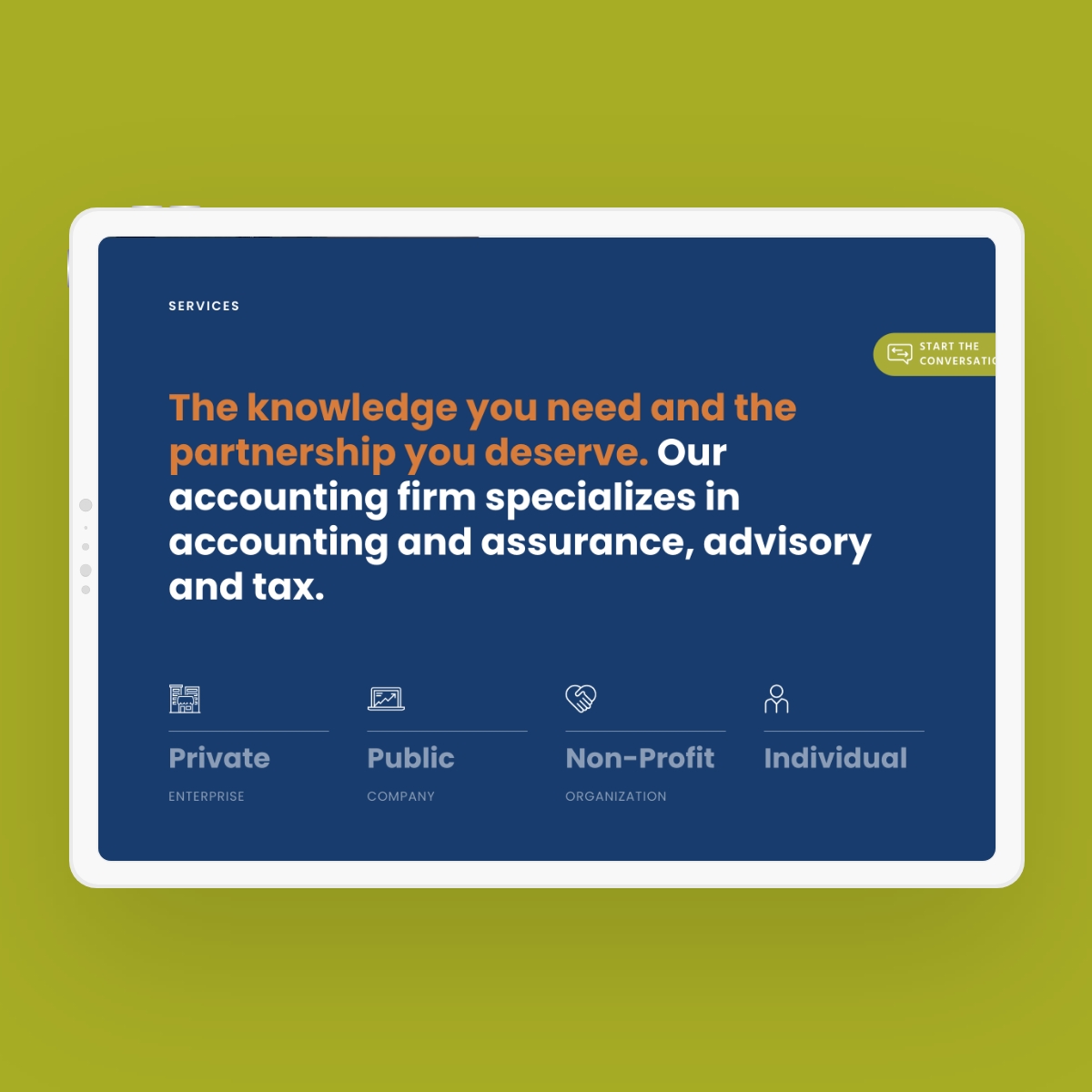 A mockup displaying the responsive design for DMCL Chartered Professional Accountants’ website on a tablet.