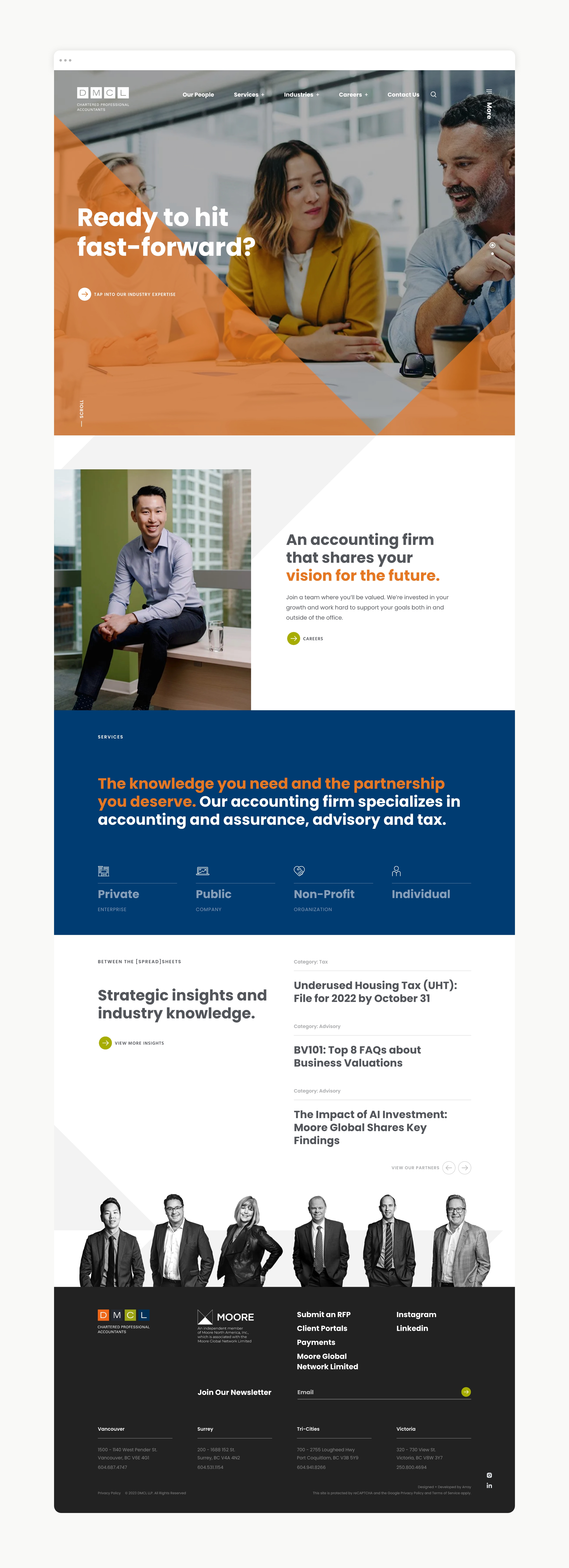 Home page of DMCL Chartered Professional Accountants’ website, designed and developed by Array.