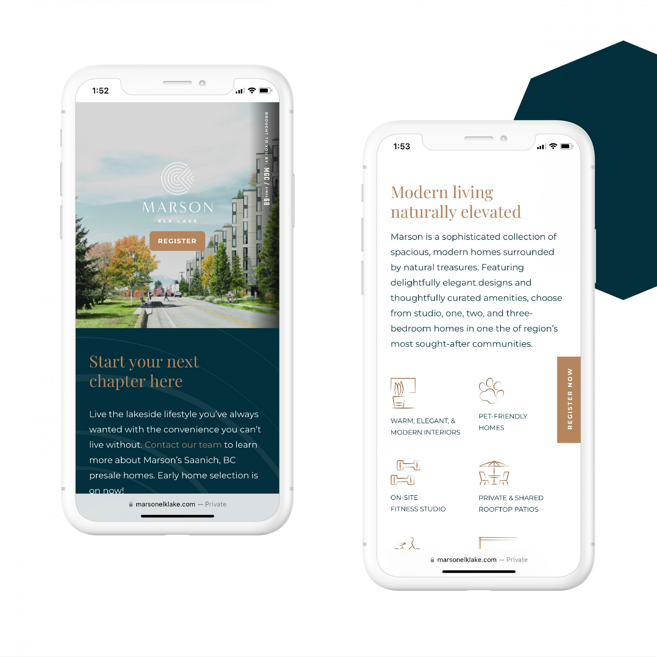 Responsive website design mockup for Marson Elk Lake on 2 mobile devices, highlighting the user-friendly interface and registration call-to-action.