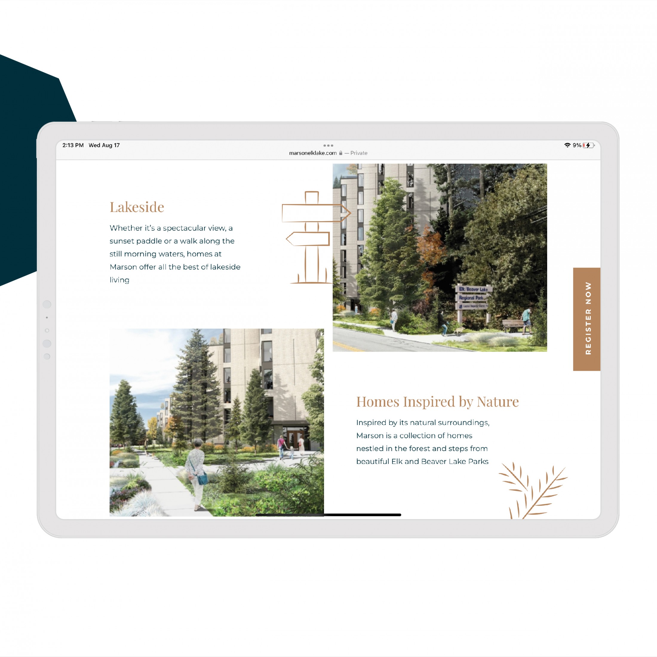 Responsive website design mockup for Marson Elk Lake on a tablet, highlighting the features and amenities and registration call-to-action.