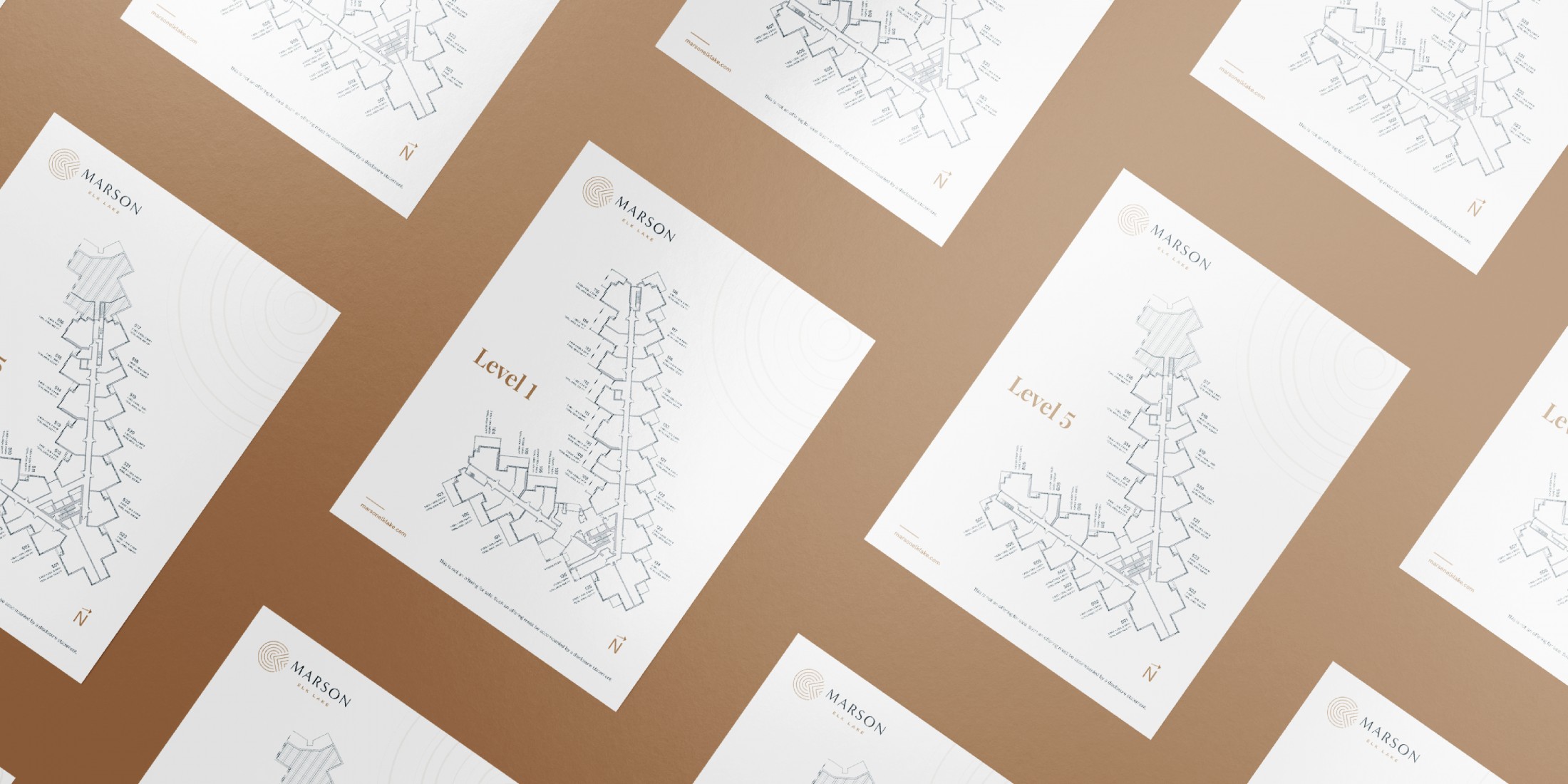 Collage of Marson Elk Lake branded stationary with floor plans printed on each paper.
