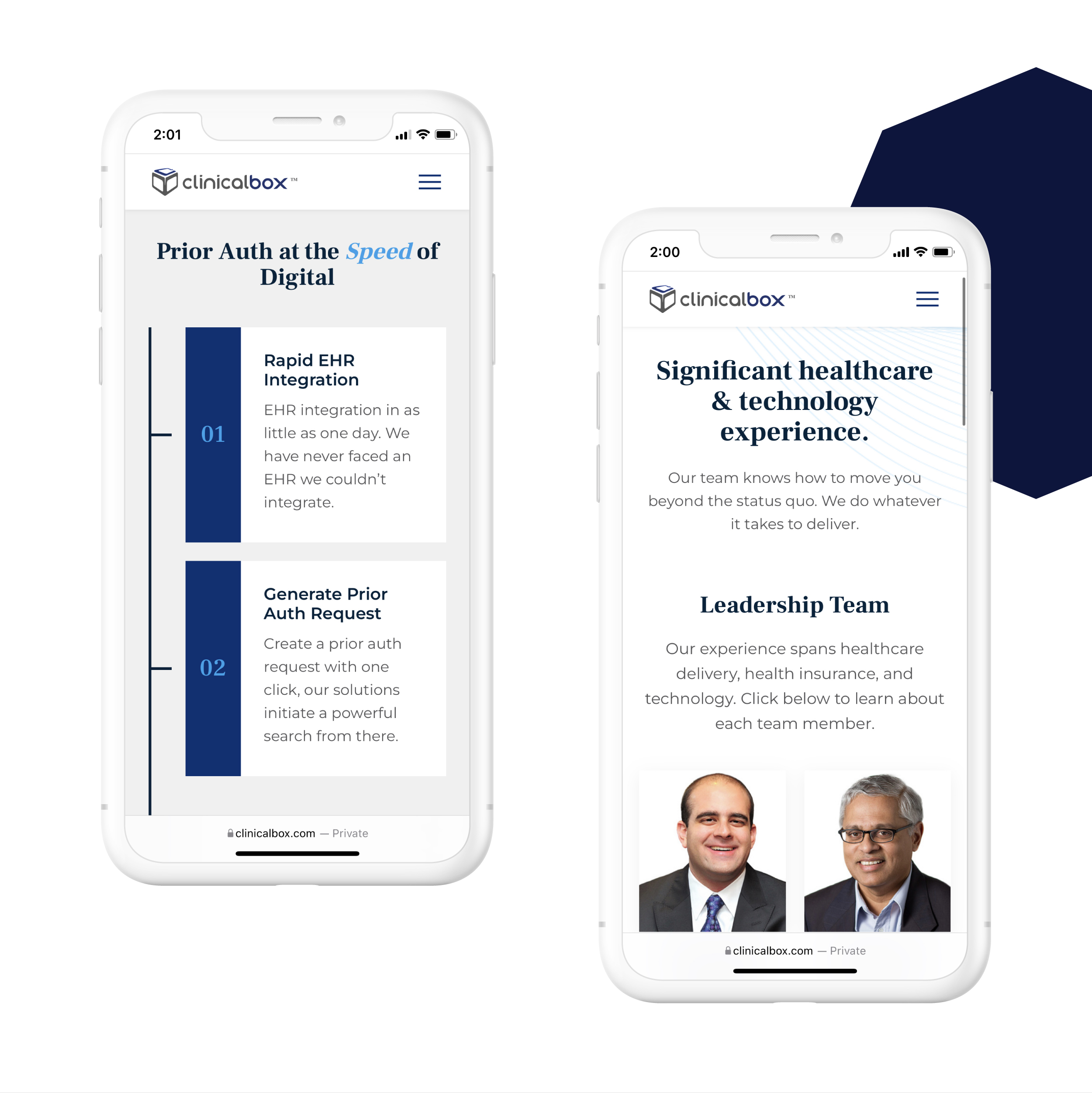 Two mobile screens displaying the PrecisionAuth™ platform by ClinicalBox. The left screen highlights the efficiency of their EHR integration and prior authorization request generation. The right screen introduces the leadership team and emphasizes their healthcare and technology expertise, featuring professional headshots of key team members.