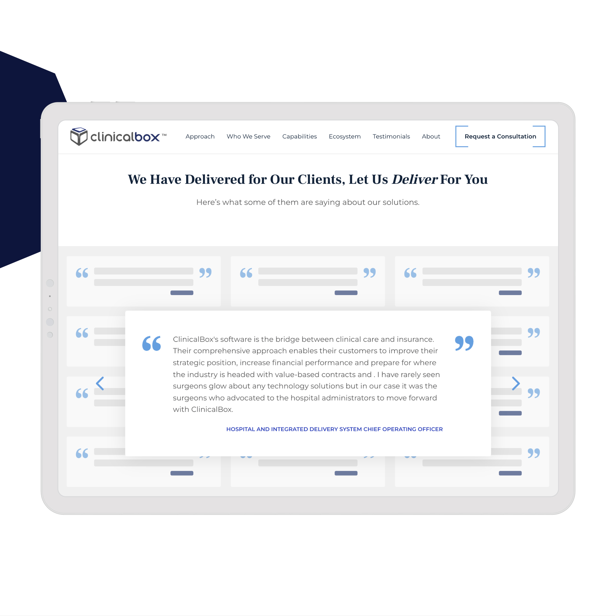 Tablet screen displaying the responsive layout for PrecisionAuth™ platform by ClinicalBox. The page is showcasing client reviews and testimonials.