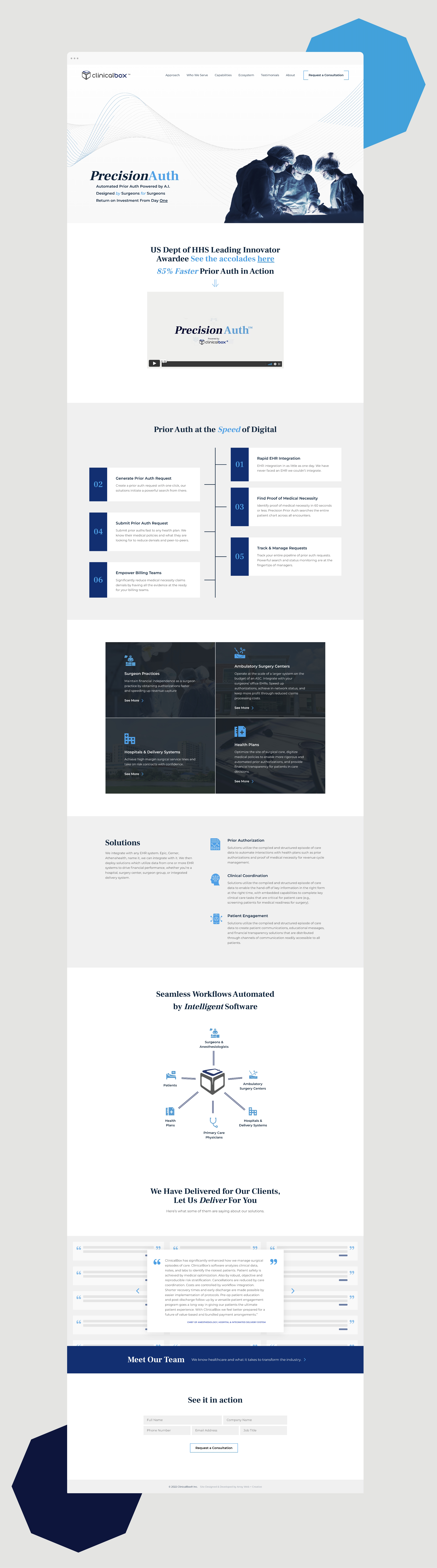 A full-page website homepage design for PrecisionAuth™, featuring a clear and modern layout. The page opens with a banner showcasing healthcare professionals working in a clinical setting, followed by key benefits of the software, such as rapid EHR integration and the ability to generate prior authorizations at the "Speed of Digital." A timeline infographic and solution explanations further elaborate on the software's capabilities, along with customer testimonials and a "See it in action" form at the bottom for inquiries.