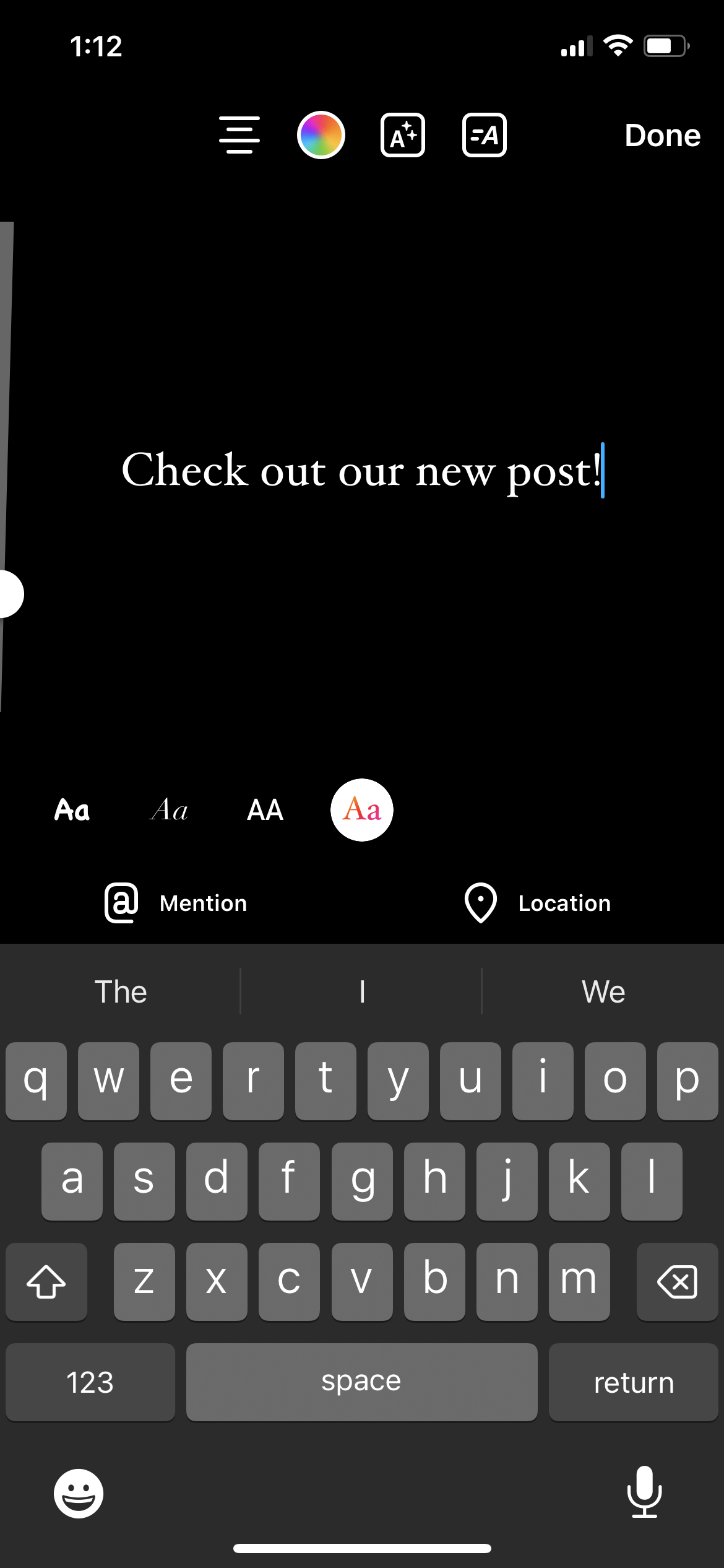 Screenshot of text being added to an Instagram story.