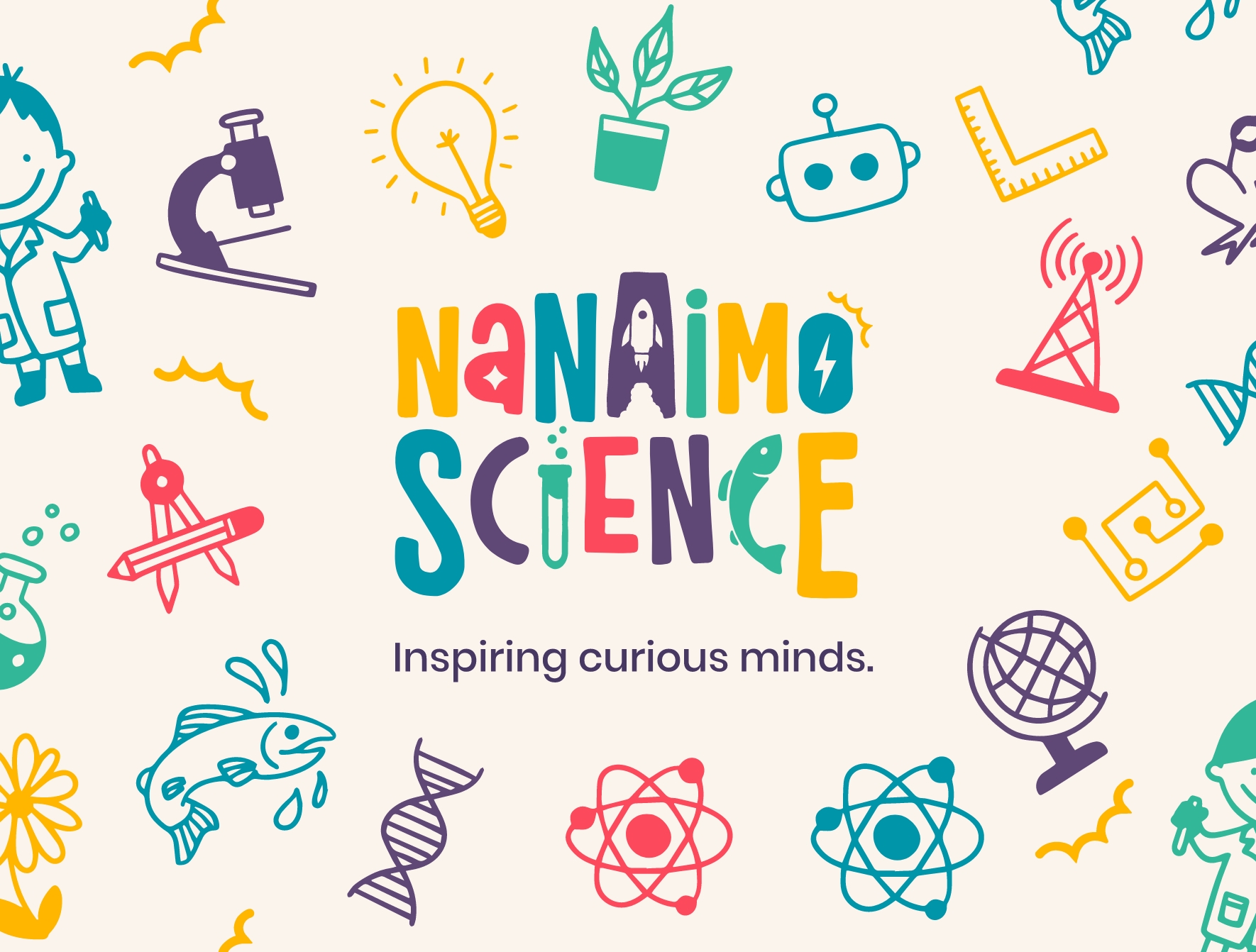 A colorful Nanaimo Science logo featuring playful, doodle-like illustrations of children, scientific icons like atoms and DNA, and nature elements.