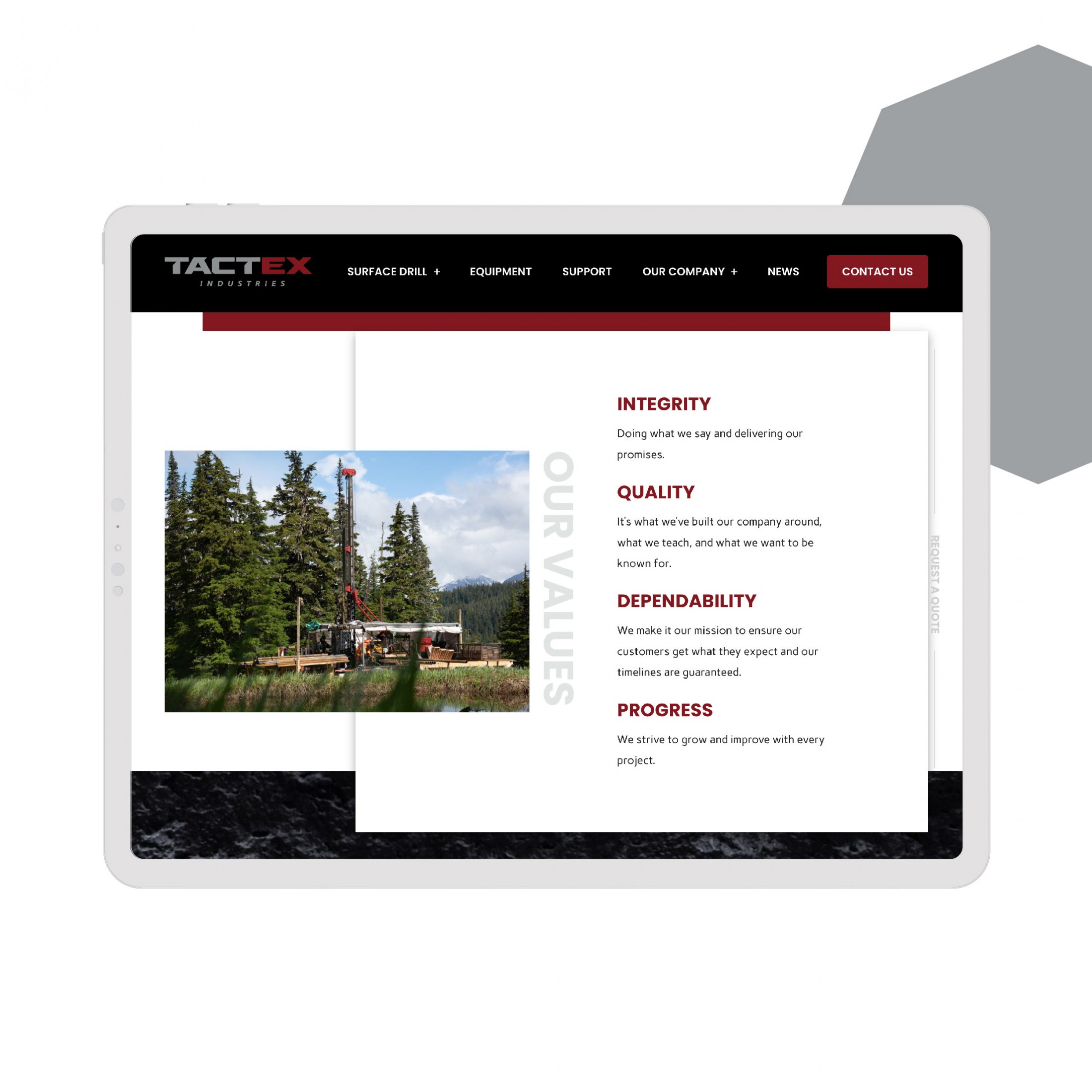 Tablet displaying the TACTEX Industries website with the company’s values highlighted alongside an image of a drill rig setup in a forested location.