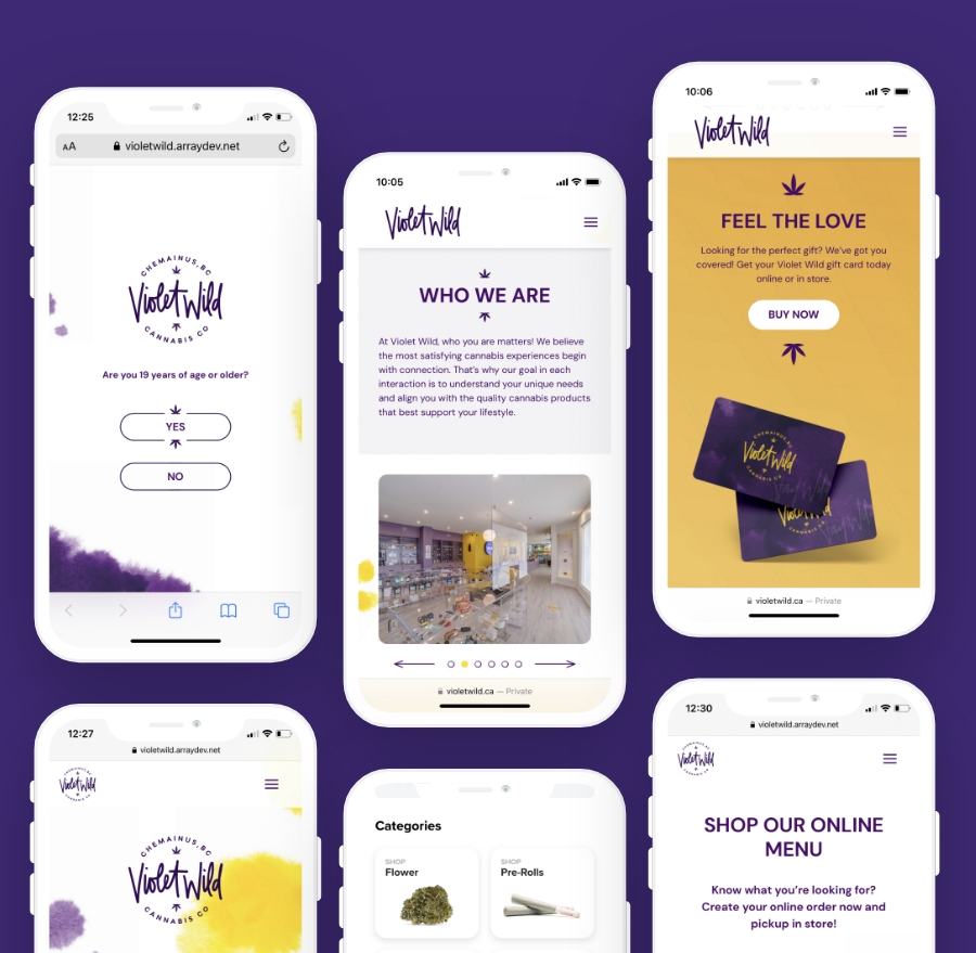 A collection of mobile website screenshots showcasing different sections of Violet Wild's site, including an age verification screen, product categories, and a call-to-action for gift cards. The design is consistent with the brand's energetic style, with bold use of purple, yellow, and fun typography.