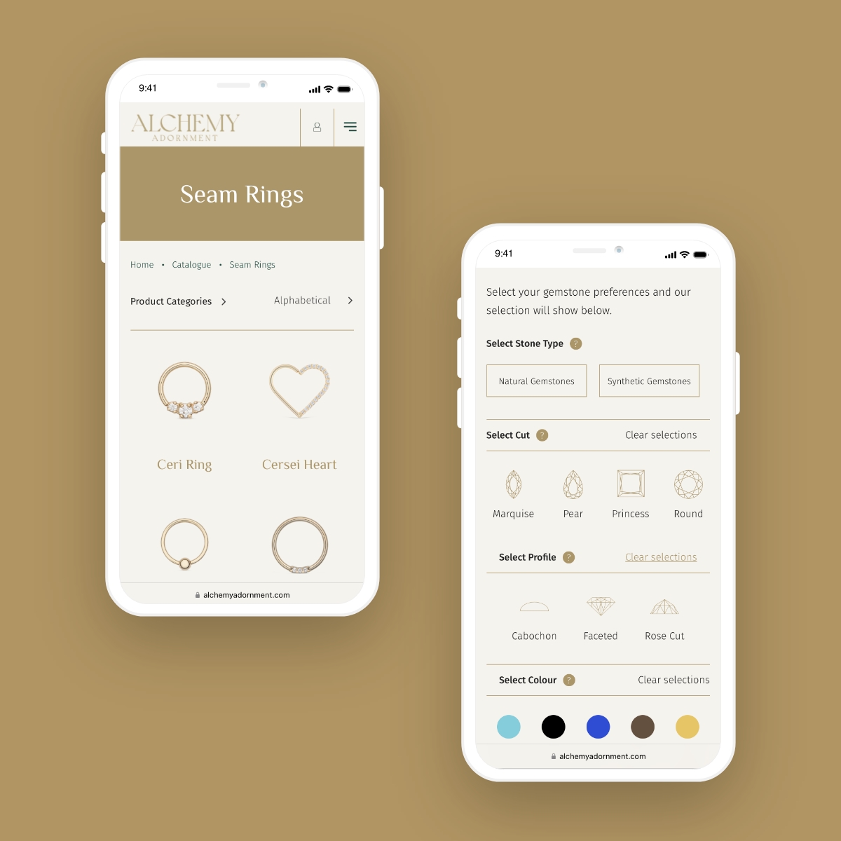 2 iPhones showing mockups of product pages on Alchemy Adornment's ecommerce website.
