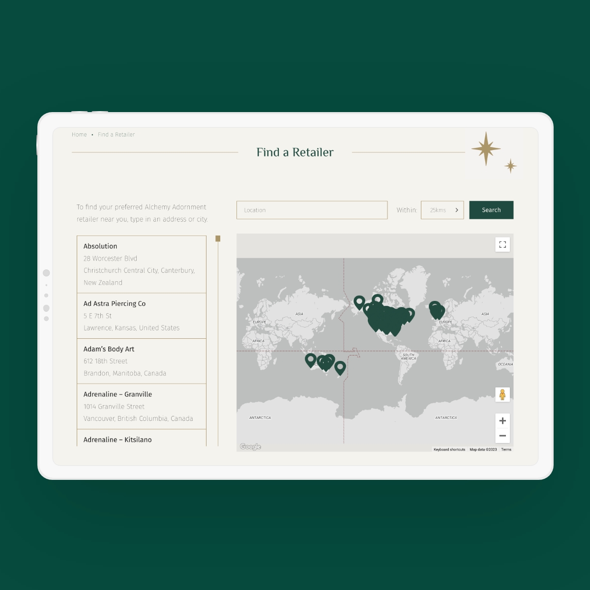 Tablet mockup showing map of retailers for Alchemy Adornment.