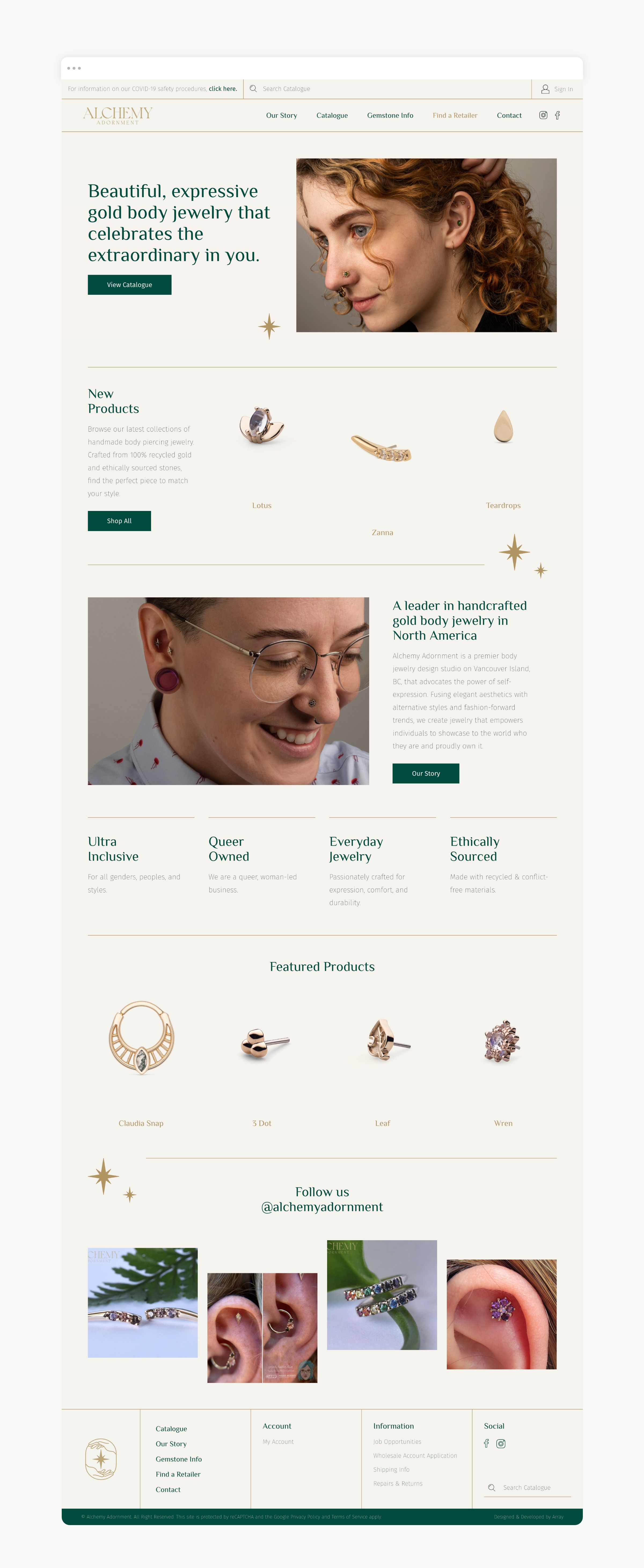Screenshot of an elegant web design for a jewelry website showcasing beautiful, expressive gold body jewelry, with sections for different styles and featured products.