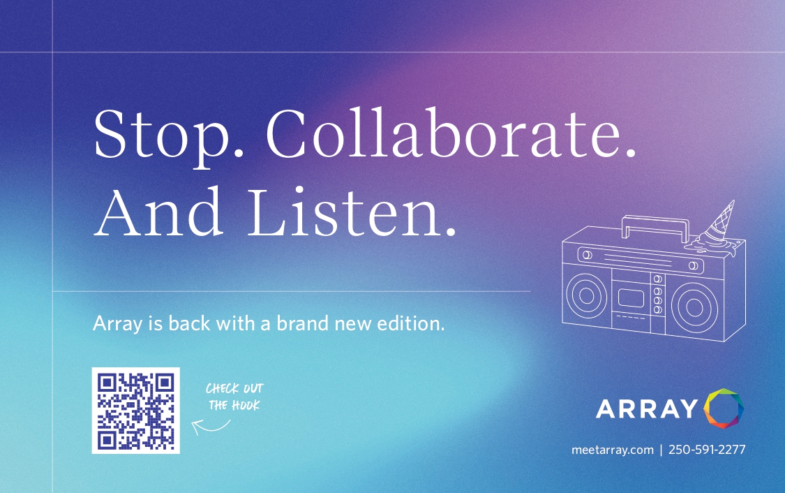  A colorful gradient graphic with a blue and purple backdrop, featuring the text "Stop. Collaborate. And Listen." in bold white letters. The image includes a retro boombox illustration on the right and a QR code on the left with the words "Check out the hook" pointing to it. The Array logo, website, and phone number are positioned at the bottom.