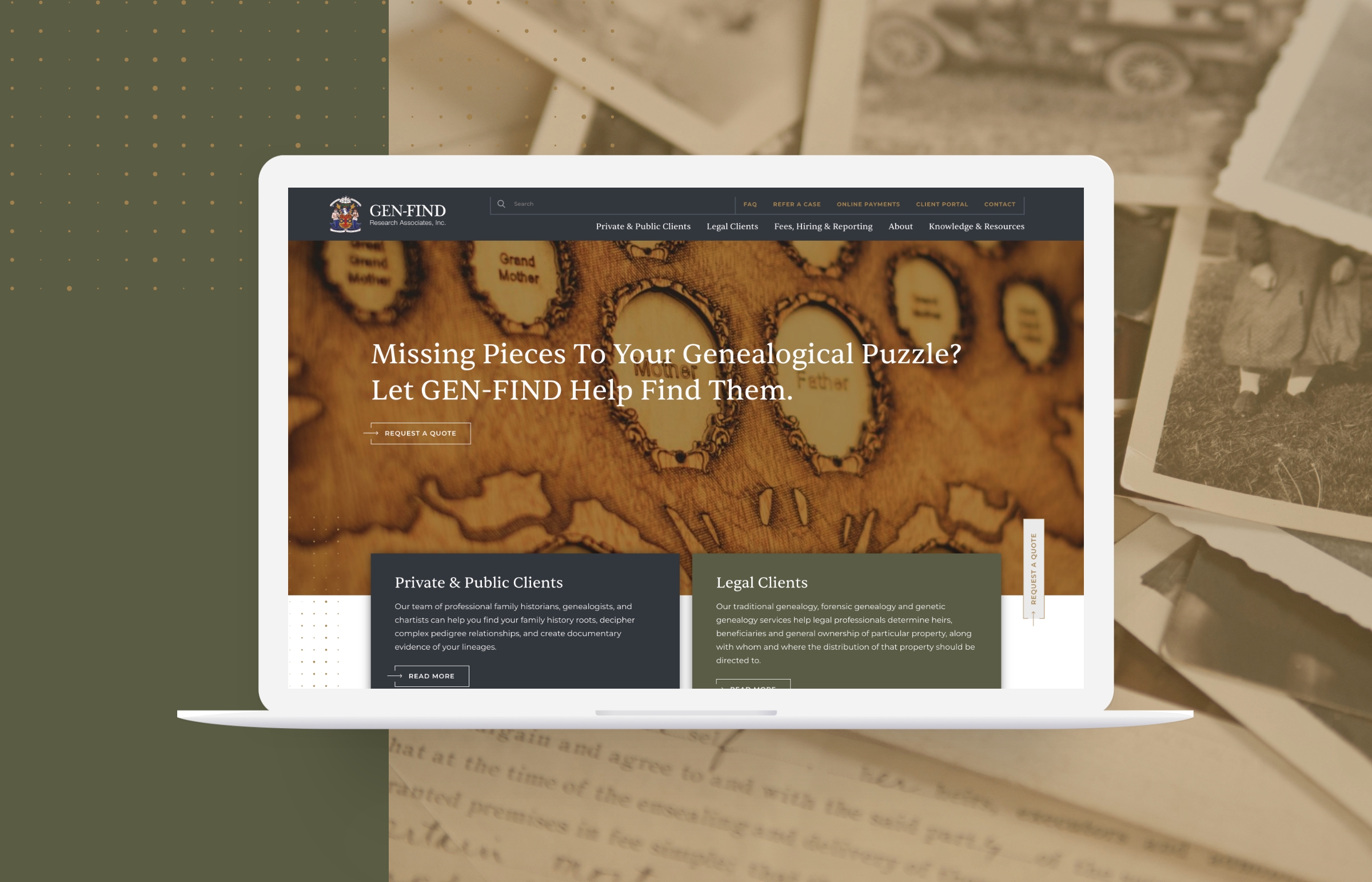 A laptop displays a webpage for GEN-FIND, a genealogical service with a map-themed background.