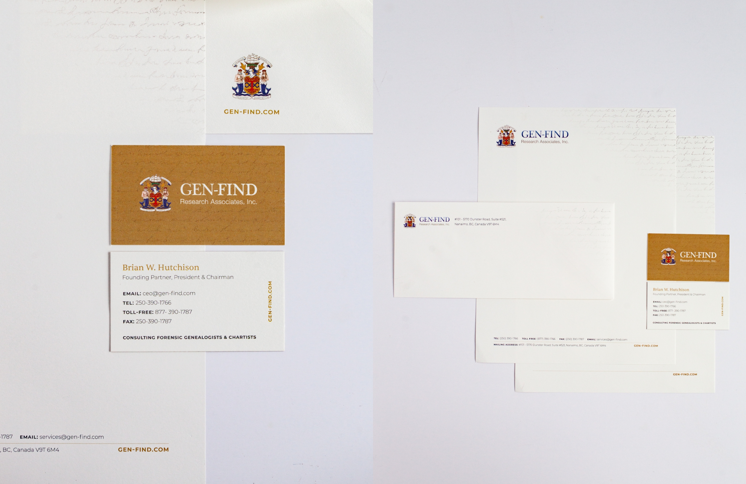 Business cards with GEN-FIND's logo and branding.