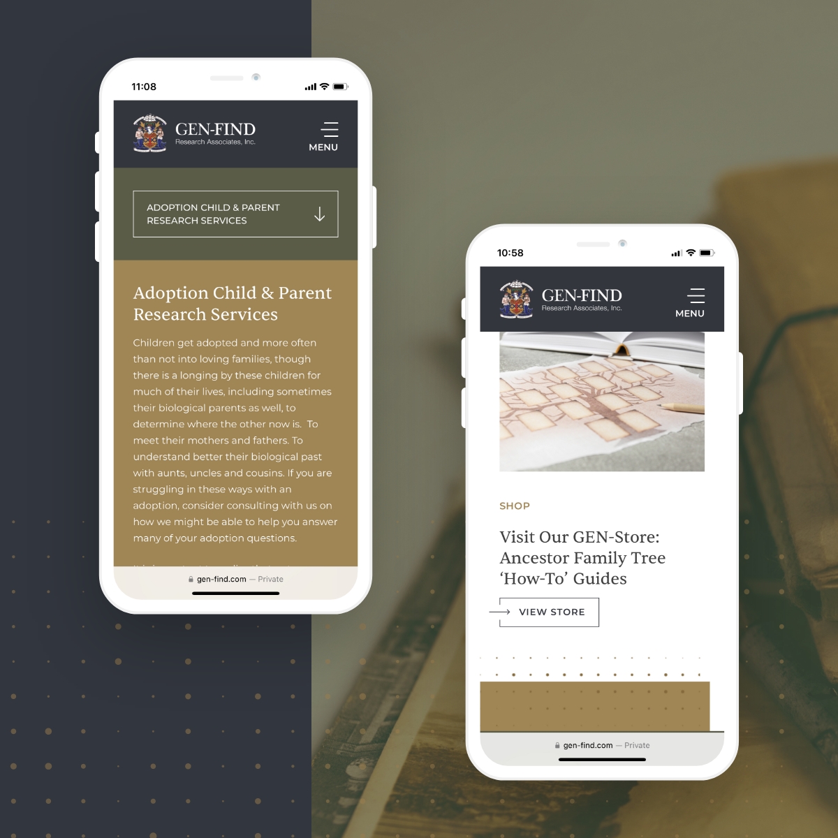 2 iPhones showing mockups of responsive website design for GEN-FIND, showcasing research services and store.