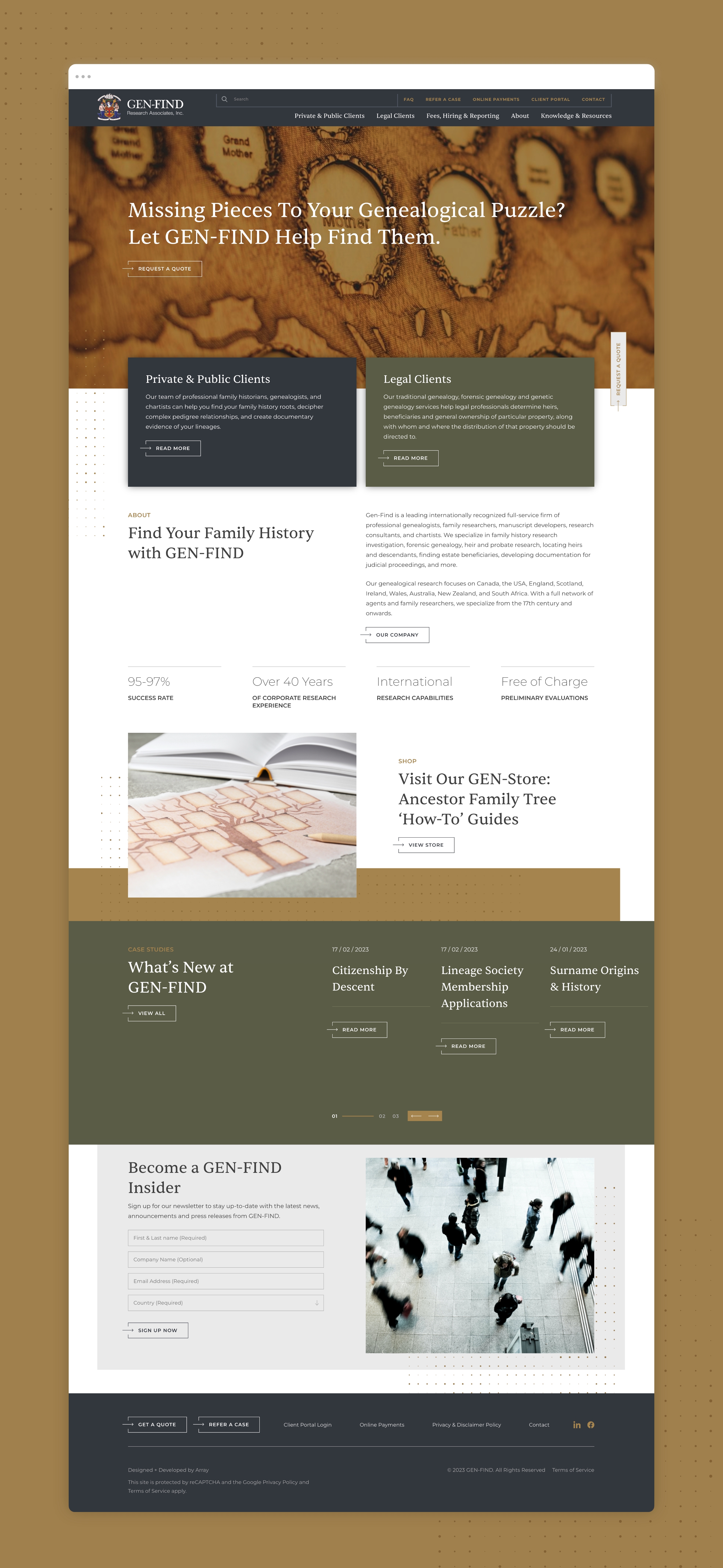 Home Page of GEN-FIND, website designed and developed by Array.