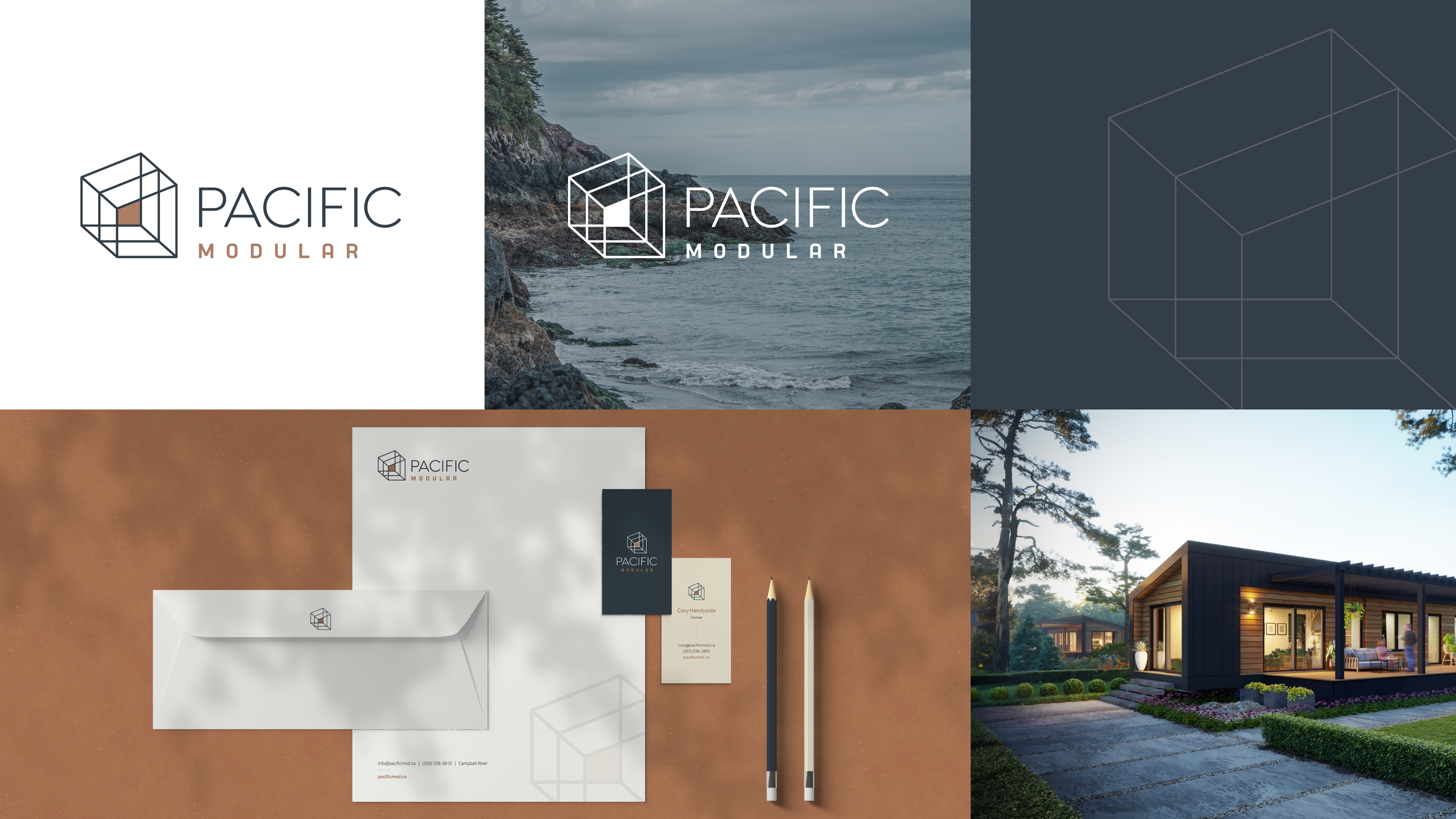 Collage of Pacific Modular branded assets, including logo variations, branded stationary, and an image of a modular home.