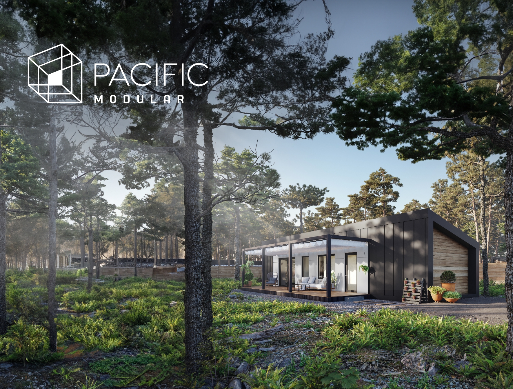 Modular home in wooded area with Pacific Modular's logo.
