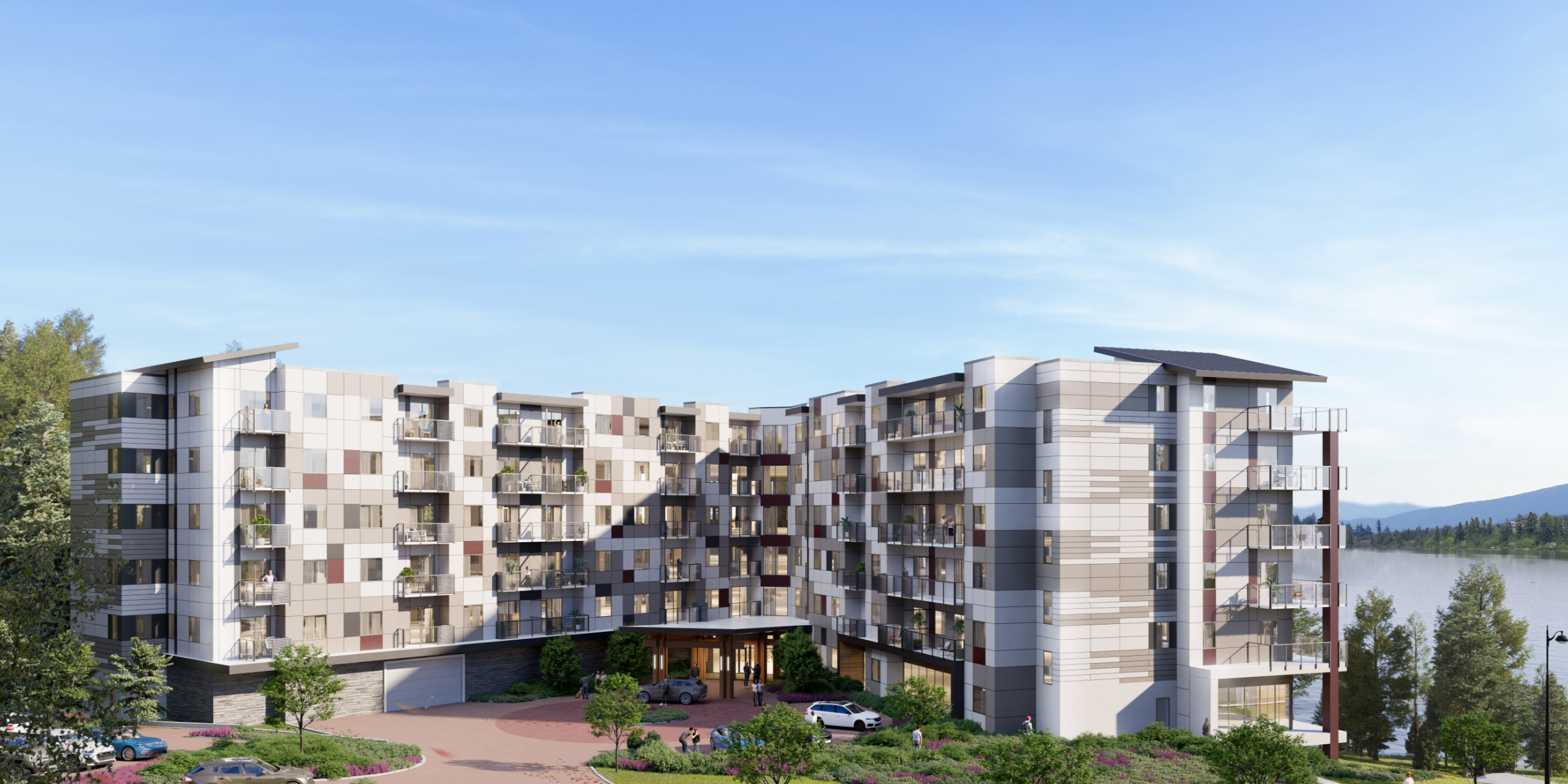 A rendering of a contemporary multi-story building with balconies overlooking a landscaped area. The building features a sleek, geometric design with various shades of grey, beige, and white. A lake and trees are visible in the background.