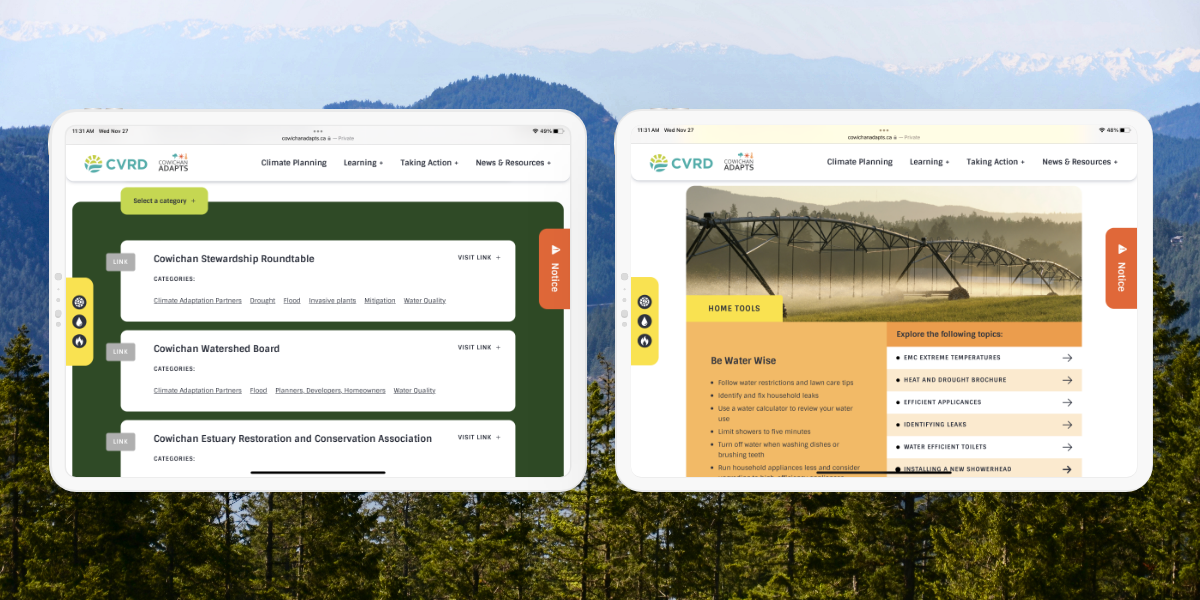 Two tablets displaying the Cowichan Adapts website, showcasing responsive web design.