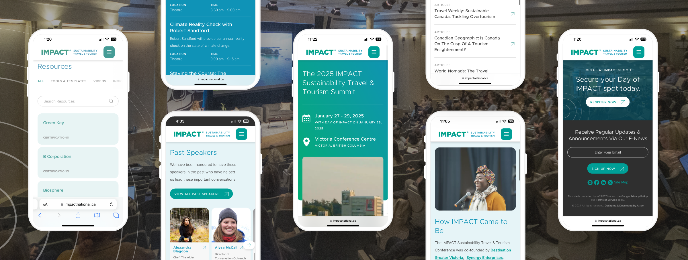 Mobile phone mockups of IMPACT's website, showcasing mobile-first green website design.