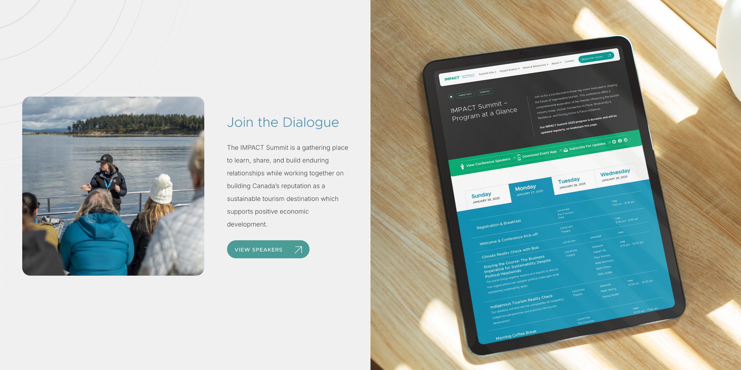 Left: Portion of the IMPACT website showing an image of a speaker and a call-to-action to "Join the Dialogue." Right: Tablet with IMPACT website's conference calendar.