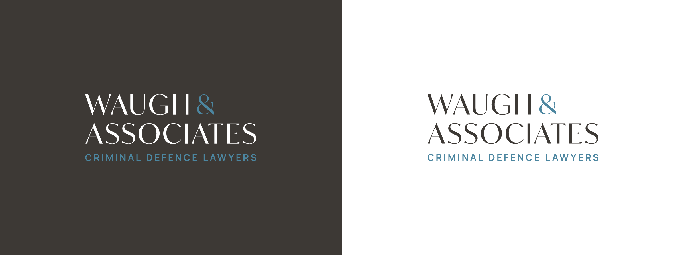 Variations of the Waugh & Associates wordmark logo with dark and light backgrounds. Professional branding by Array Ad Agency.