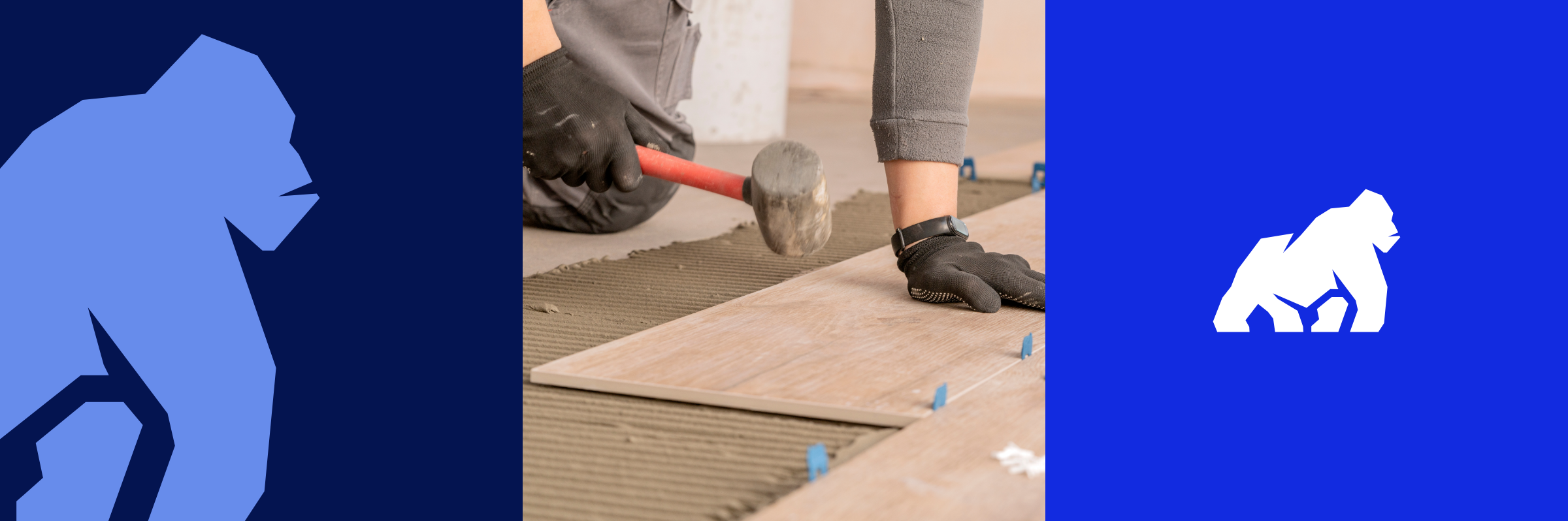 Daley World Flooring gorilla icon and picture of flooring installer.