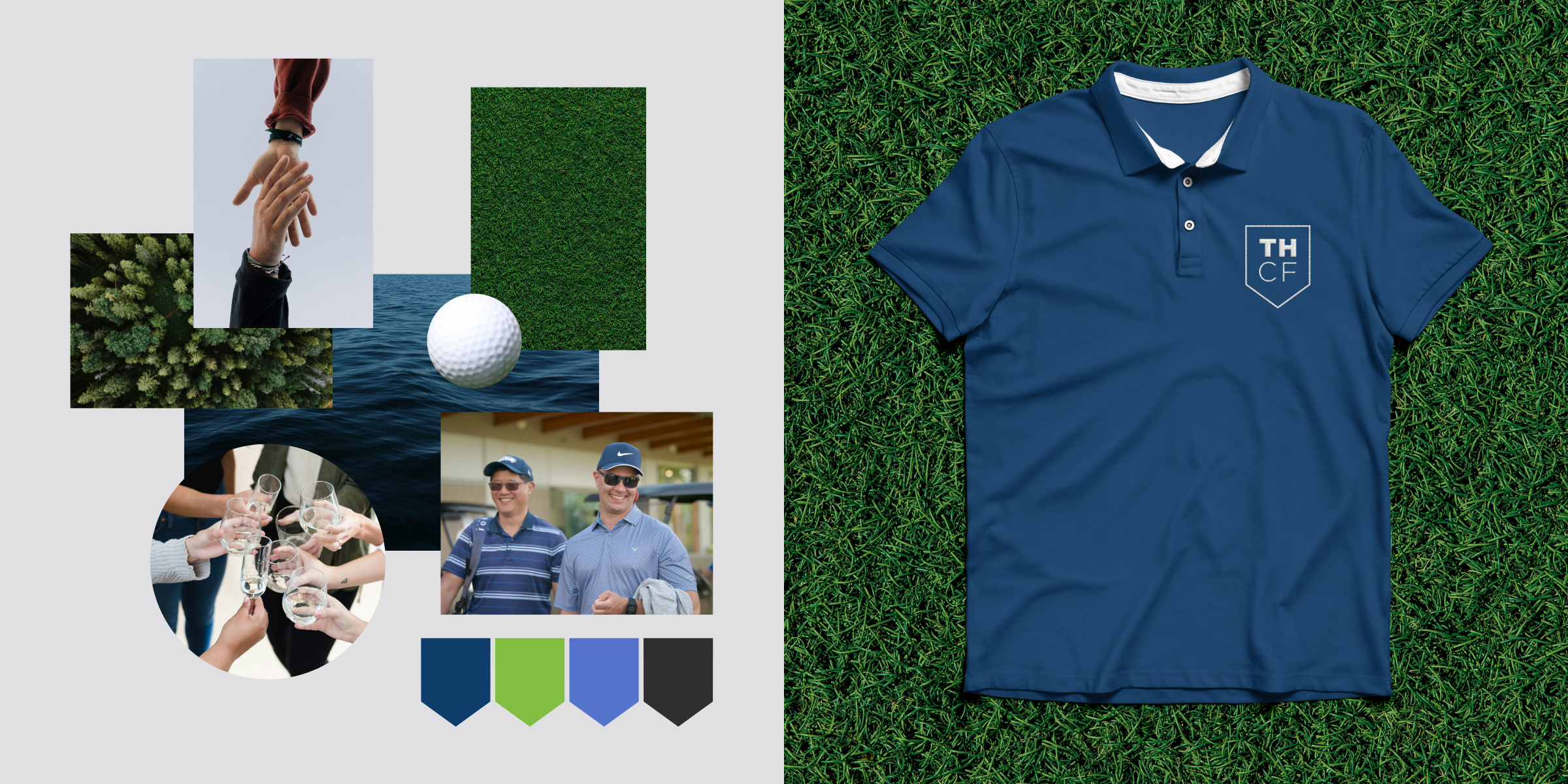 Colour palette for Tom Harris Community Foundation featuring blues and greens, and branded golf shirt. Brand development by Array Ad Agency.