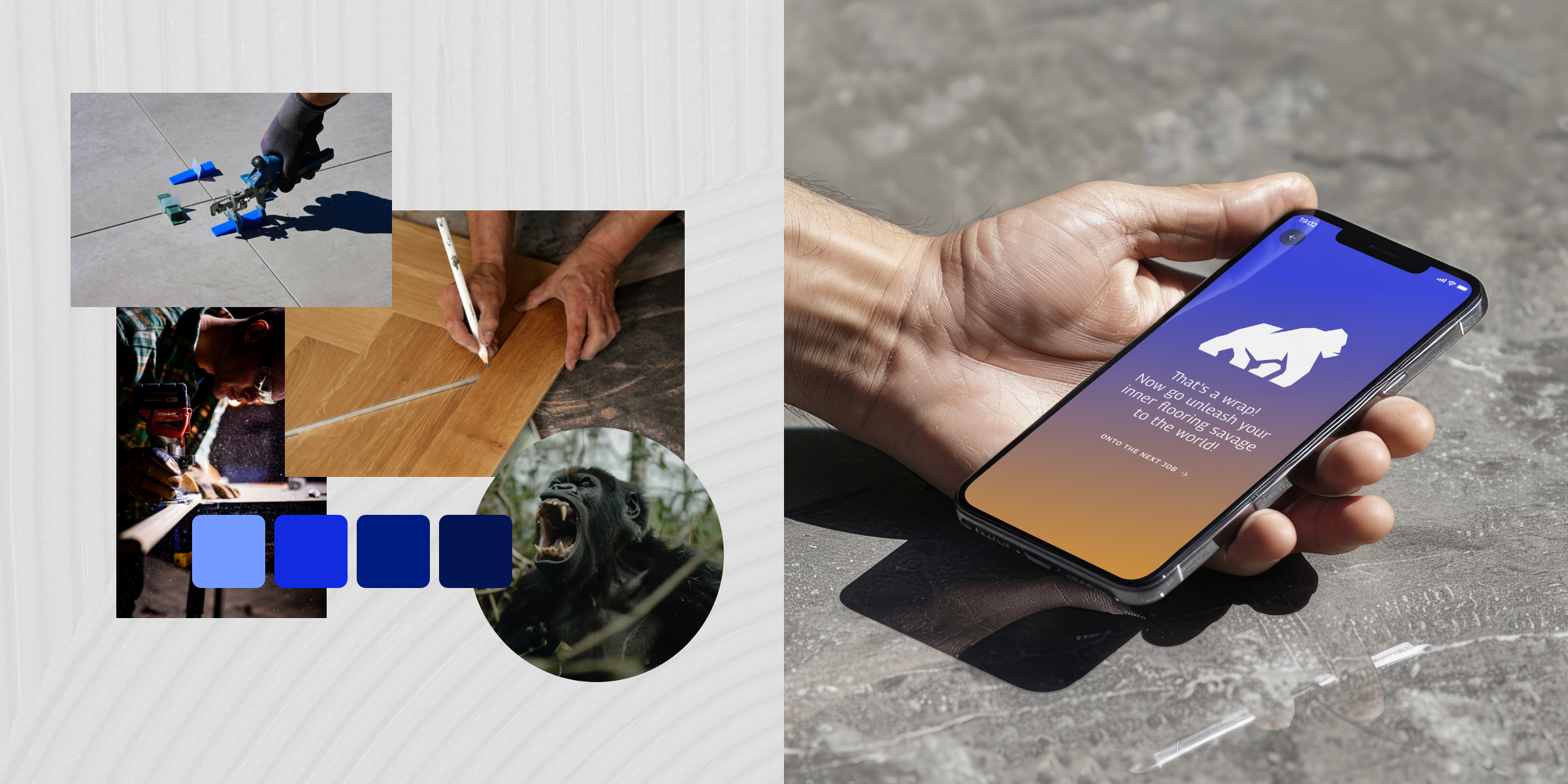 Daley World Flooring brand elements and colour palette. Daley World Flooring app displayed on a mobile device.