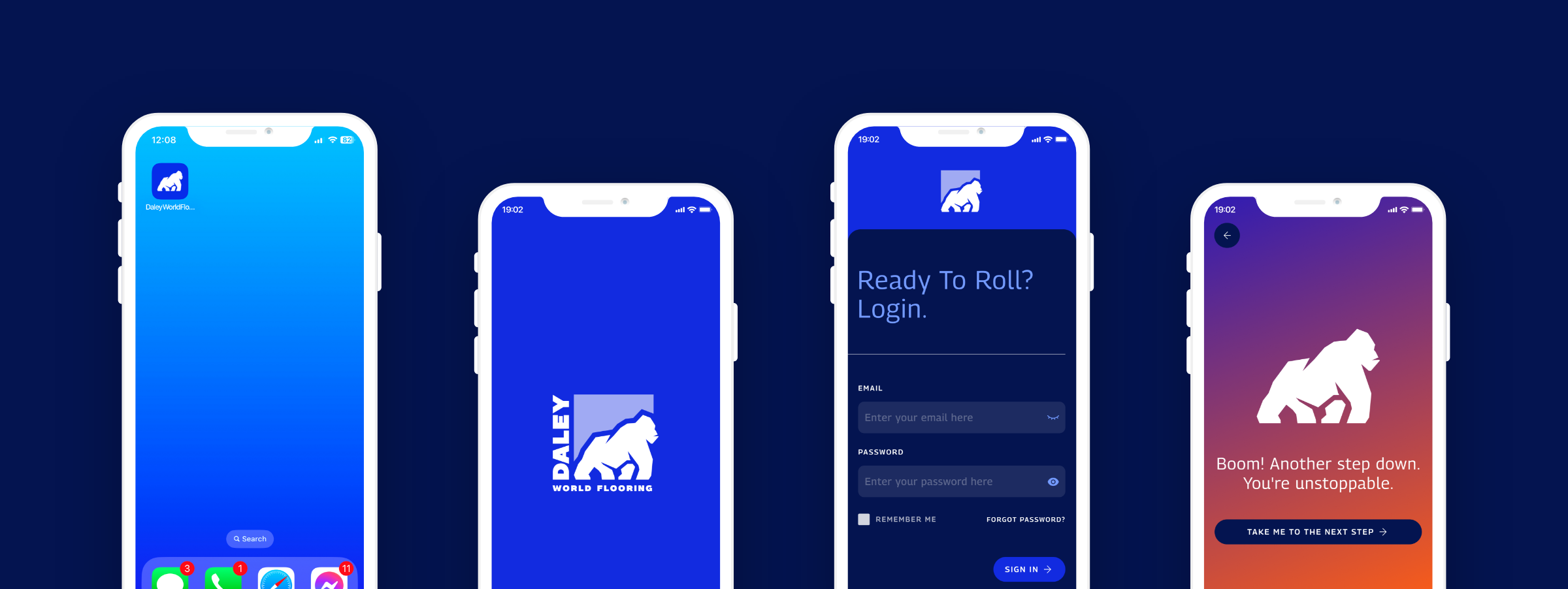 Mockups of the Daley World Flooring app. Custom app designed and developed by Array.