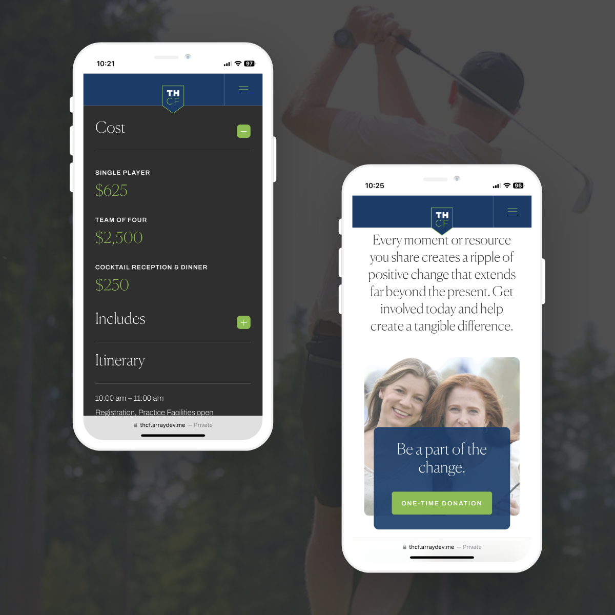 Mobile phone displaying sections of the Tom Harris Community Foundation's website. Responsive web design and digital strategy by Array Marketing Agency.