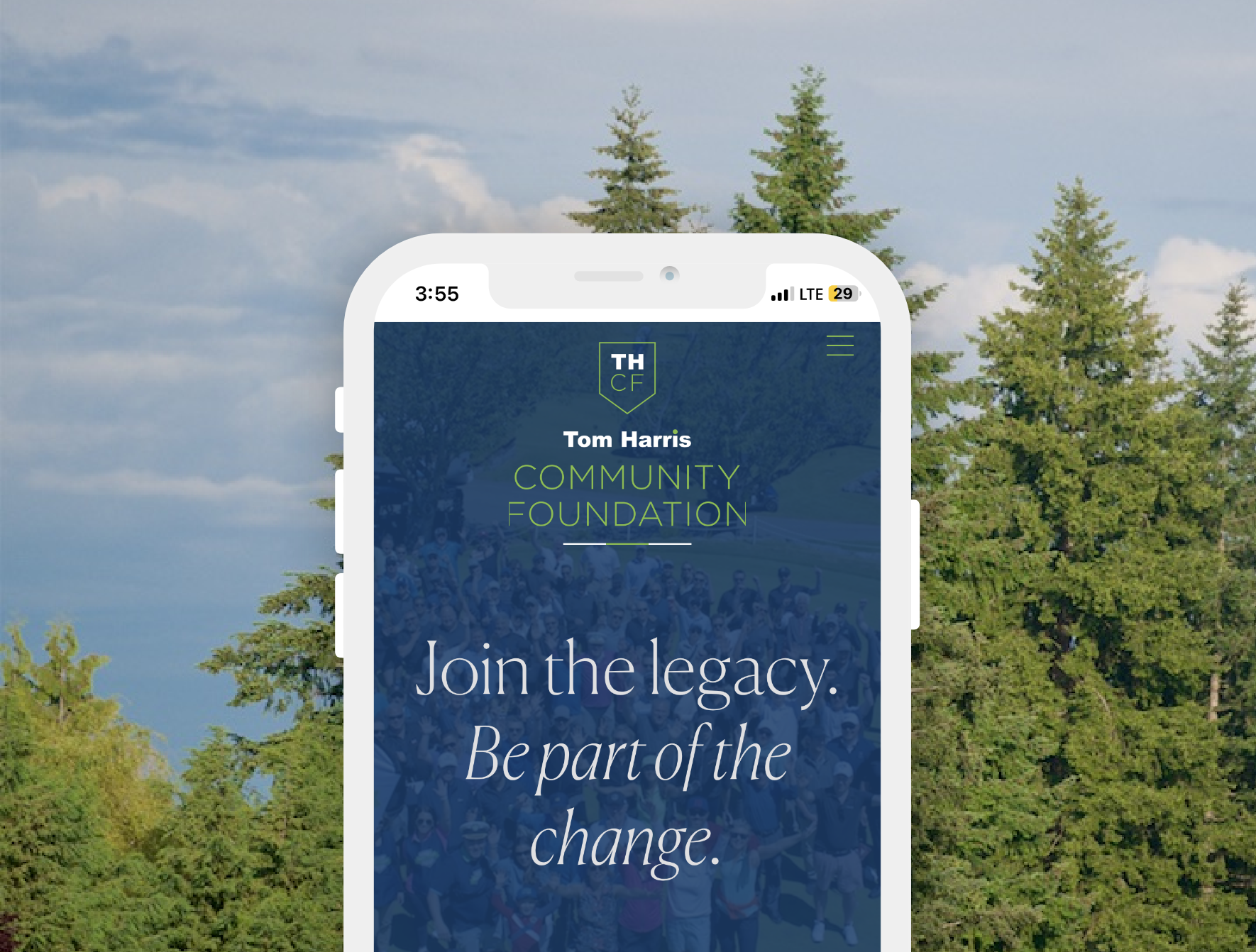 Mobile phone mockup of the Tom Harris Community Foundation website. website designed by Array.
