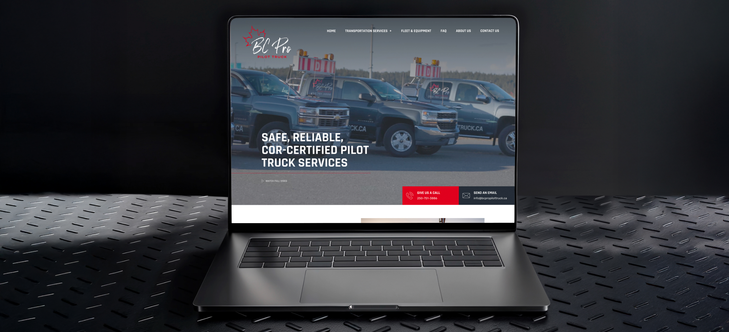 A laptop with BC PRO PILOT TRUCK's website homepage. Web design & development by Array Ad Agency.