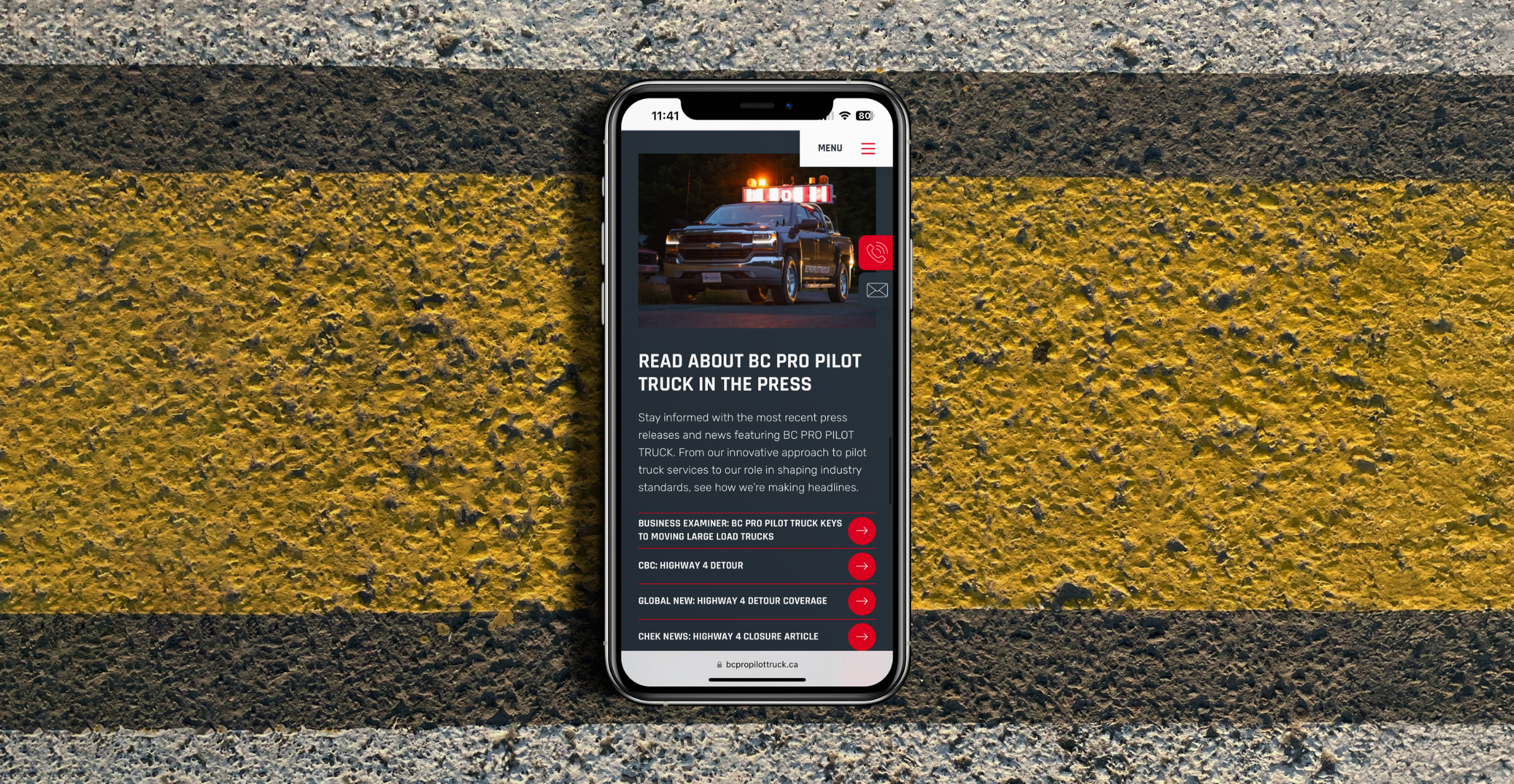 Mobile phone displaying the BC PRO PILOT TRUCK website, showcasing responsive web design by Array.