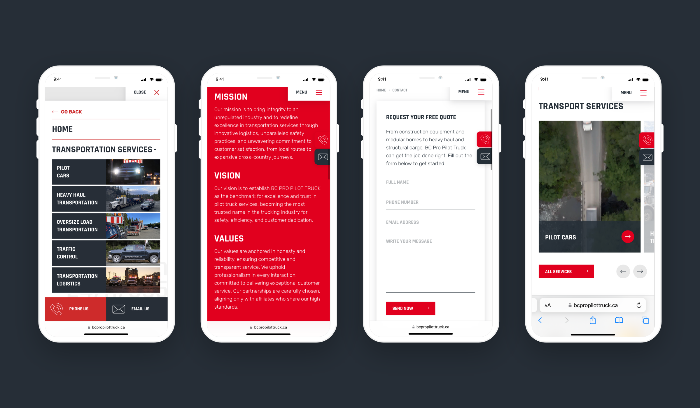 4 mobile phone mockups of different sections of the BC PRO PILOT TRUCK website, showcasing copywriting and SEO content strategy through headings and information architecture.